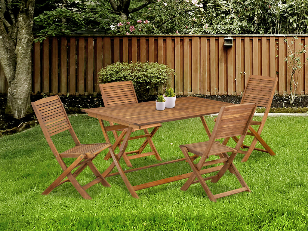 East West Furniture AEFM5CWNA 5 Piece Patio Garden Table Set Includes a Rectangle Outdoor Acacia Wood Dining Table and 4 Folding Side Chairs, 36x60 Inch, Natural Oil