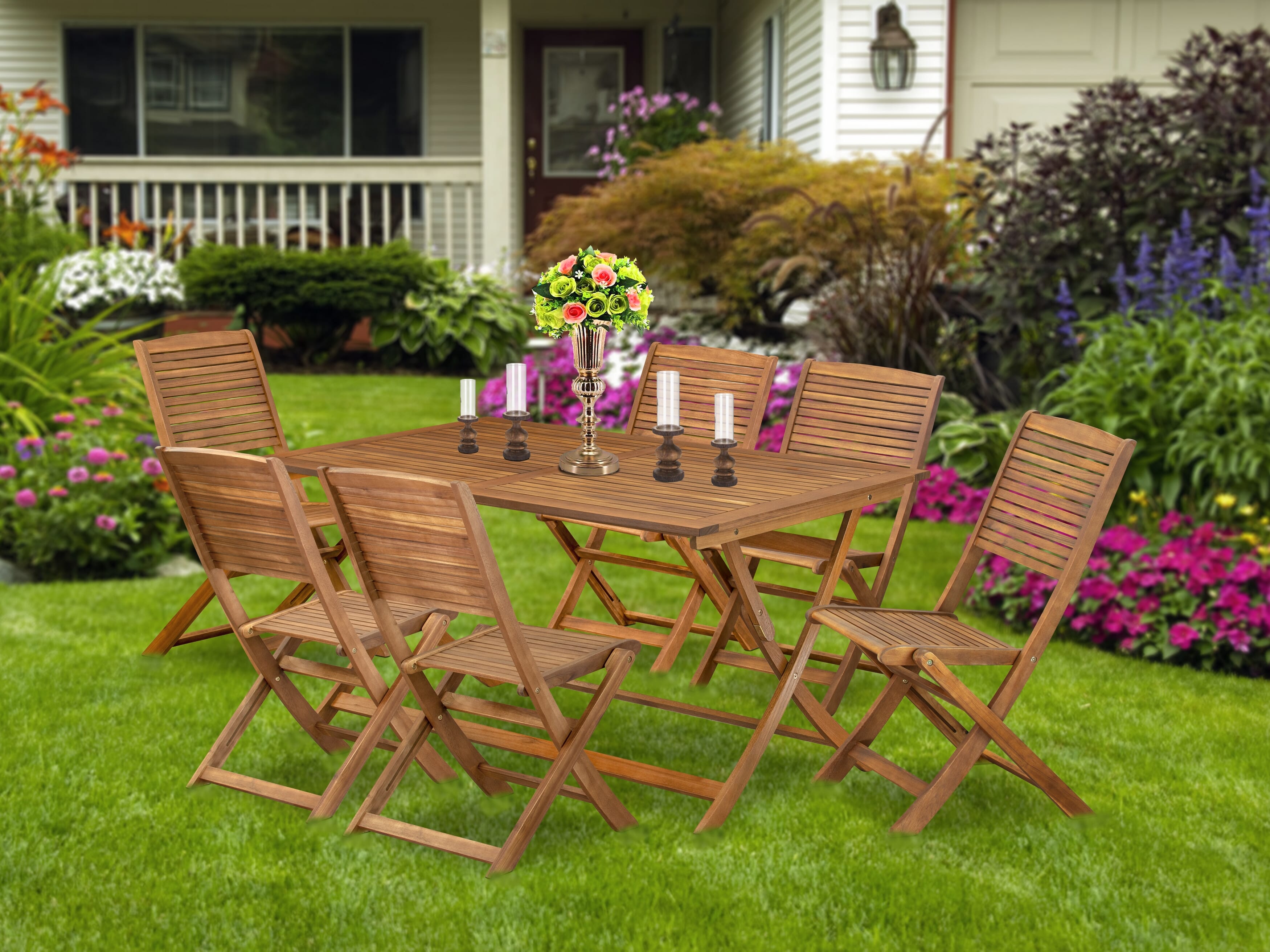 Juego de comedor para patio East West Furniture AEFM7CWNA de 7 piezas. Incluye una mesa rectangular de madera de acacia para exteriores y 6 sillas laterales plegables.