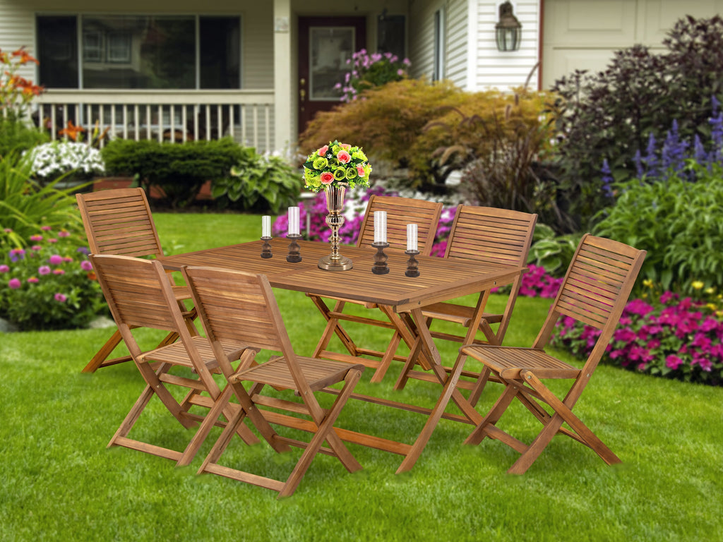 East West Furniture AEFM7CWNA 7 Piece Patio Dining Set Includes a Rectangle Outdoor Acacia Wood Table and 6 Folding Side Chairs, 36x60 Inch, Natural Oil