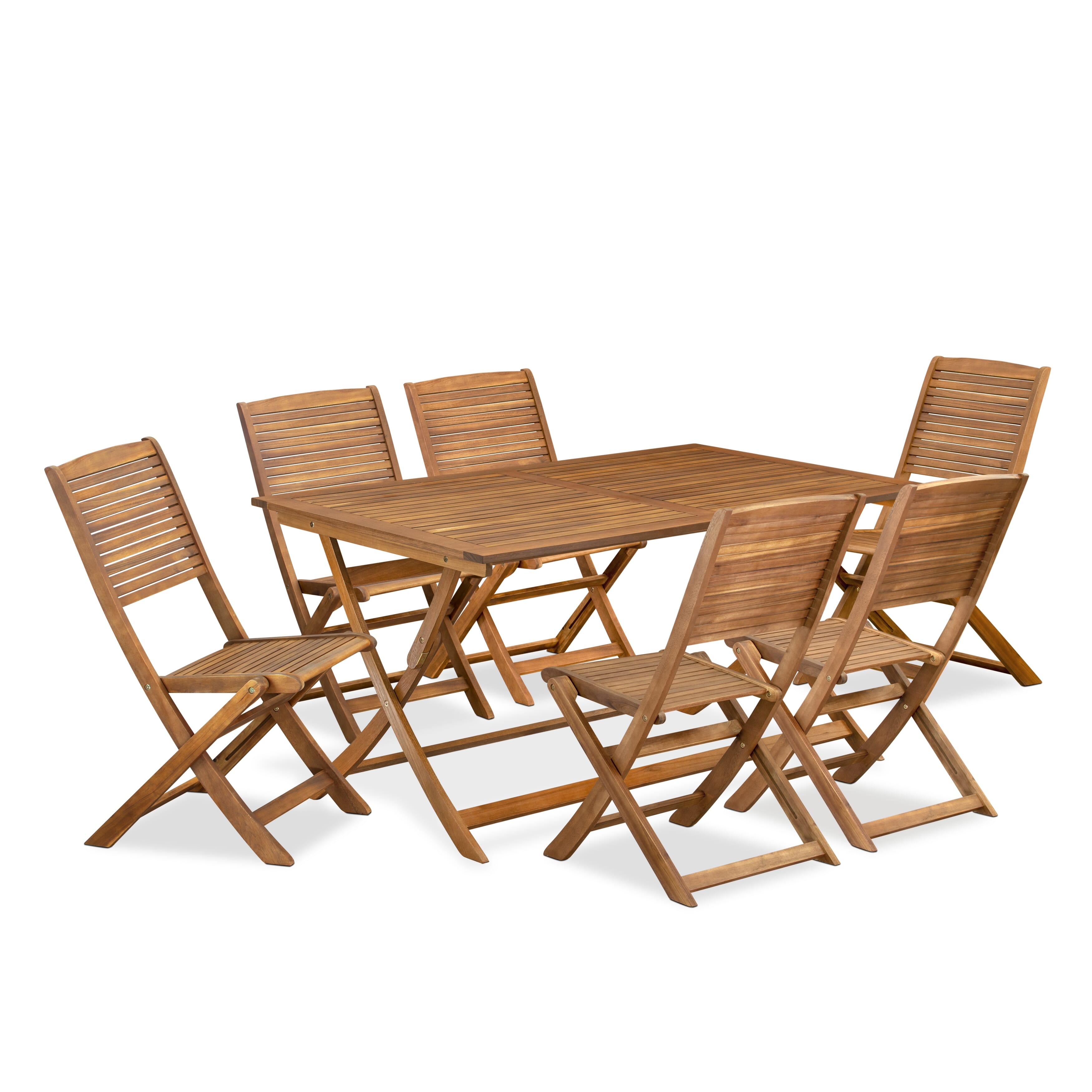Juego de comedor para patio East West Furniture AEFM7CWNA de 7 piezas. Incluye una mesa rectangular de madera de acacia para exteriores y 6 sillas laterales plegables.