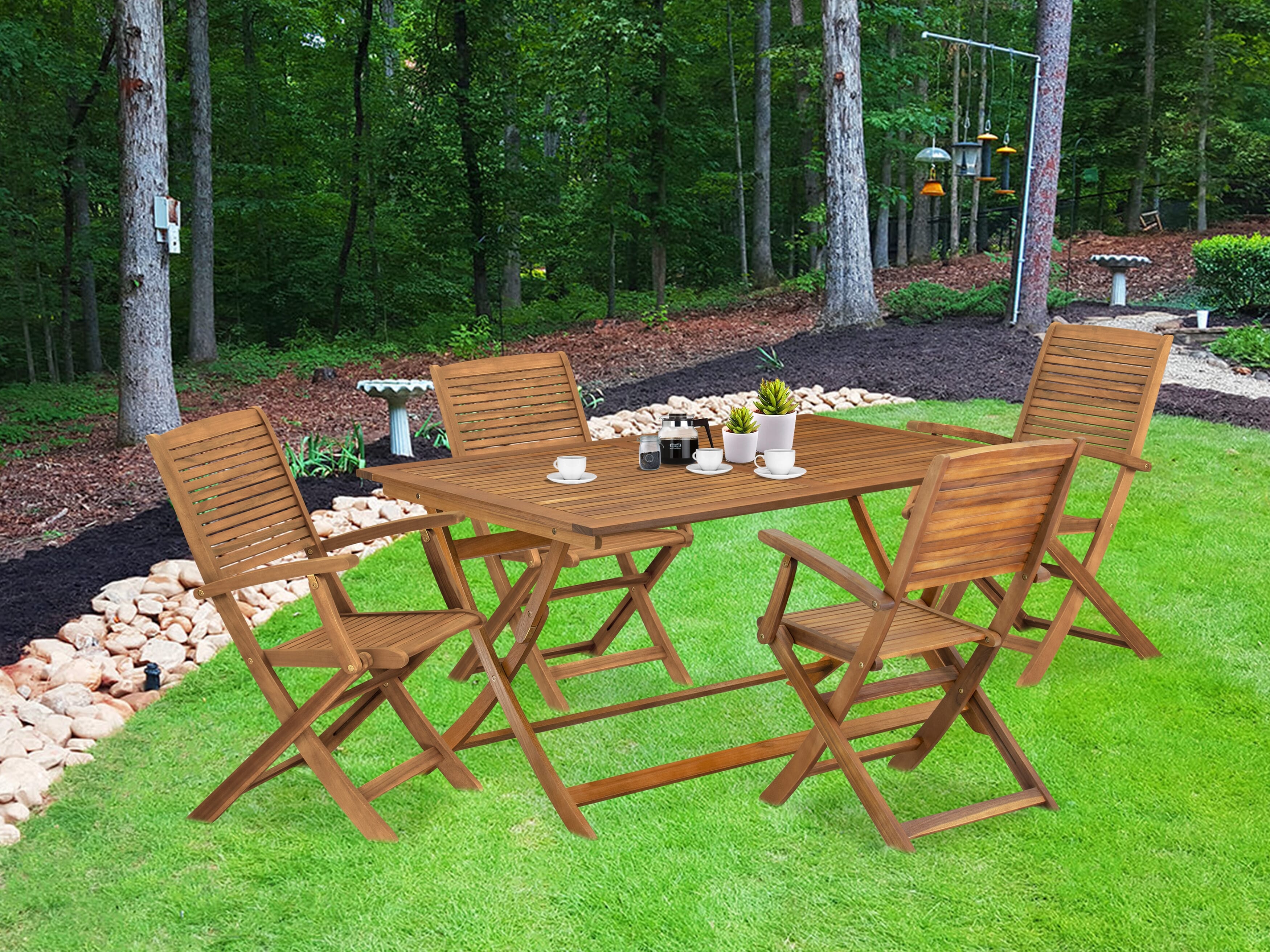 Juego de comedor para patio de 5 piezas East West Furniture AEHD5CANA compuesto por una mesa de comedor rectangular de madera de acacia para exteriores y 4 sillas plegables.