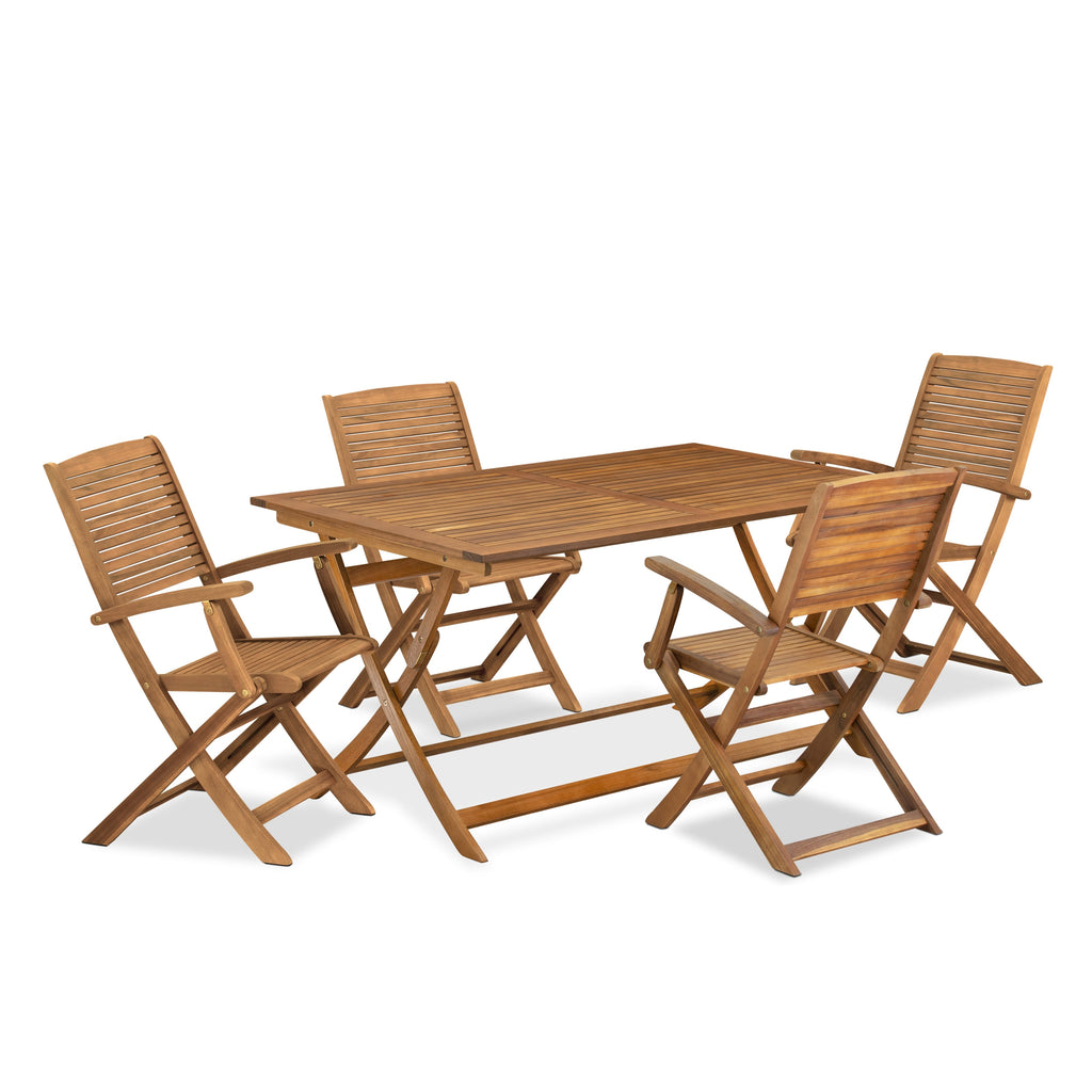 East West Furniture AEHD5CANA 5 Piece Patio Dining Set Consist of a Rectangle Outdoor Acacia Wood Dining Table and 4 Folding Arm Chairs