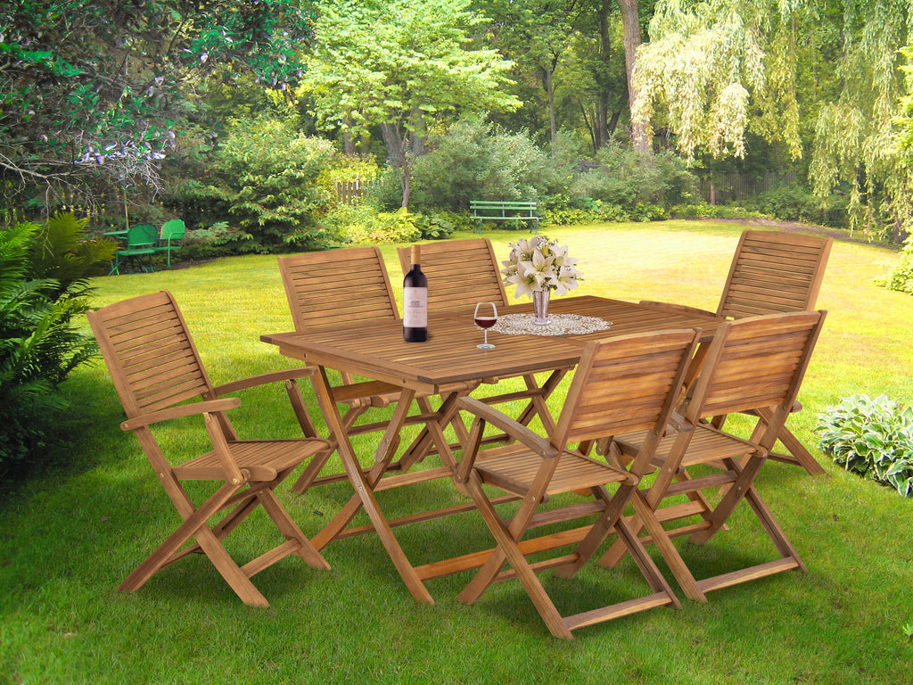 East West Furniture AEHD7CANA 7 Piece Outdoor Patio Dining Sets Consist of a Rectangle Acacia Wood Table and 6 Folding Arm Chairs
