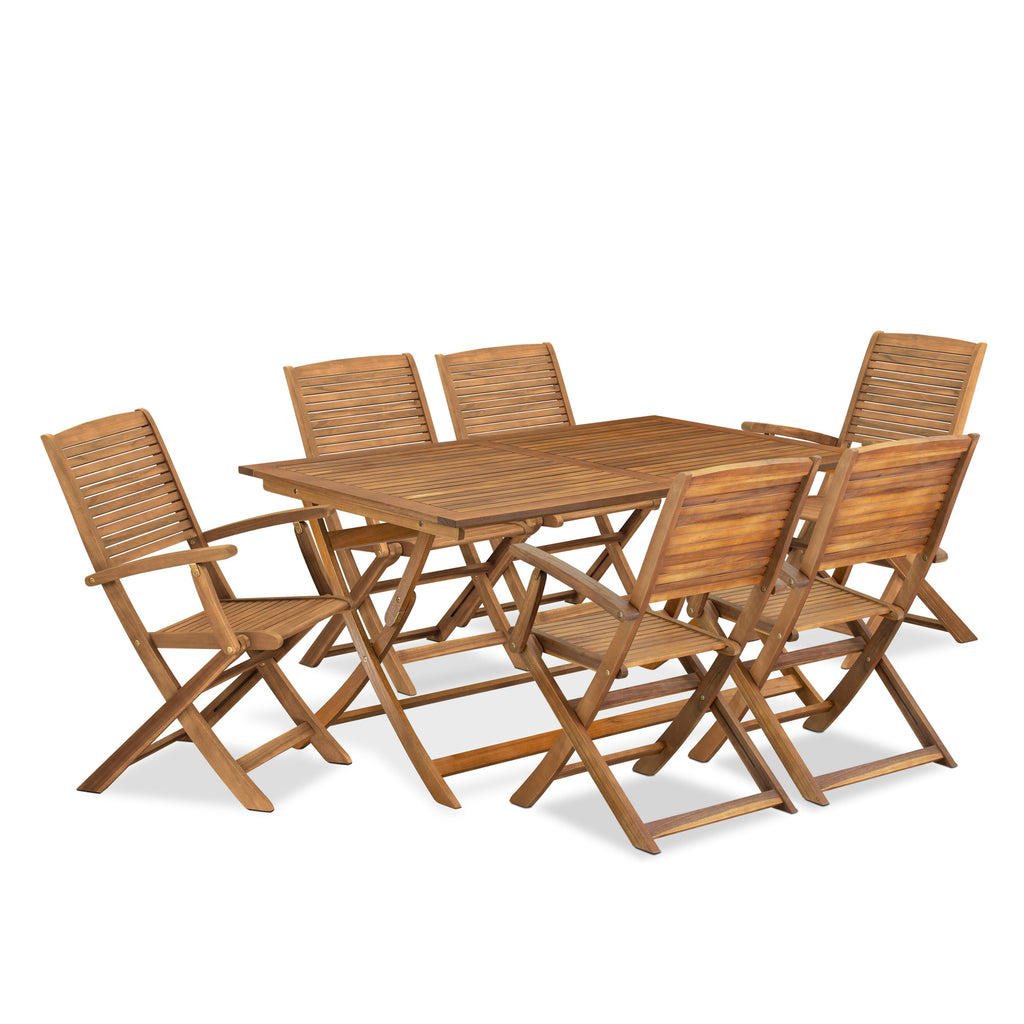 East West Furniture AEHD7CANA 7 Piece Outdoor Patio Dining Sets Consist of a Rectangle Acacia Wood Table and 6 Folding Arm Chairs