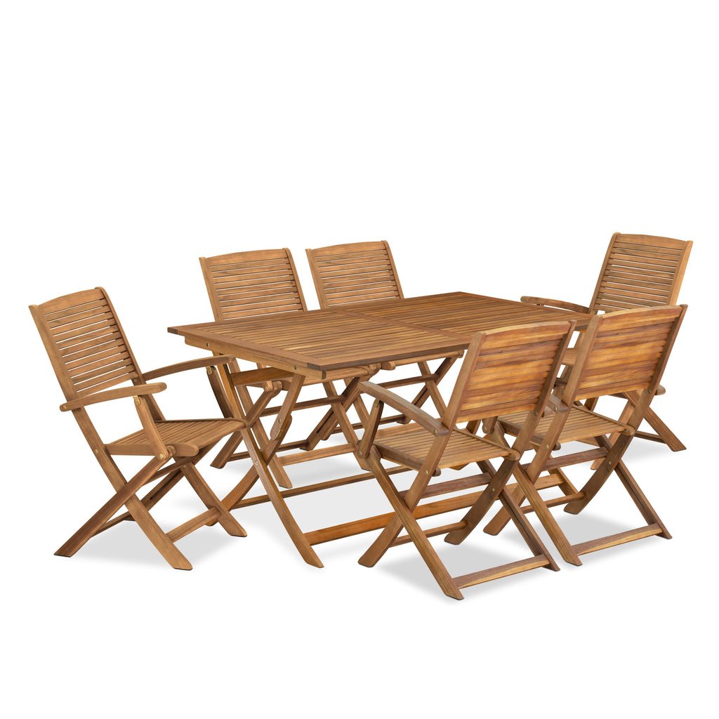 East West Furniture AEHD7CANA 7 Piece Outdoor Patio Dining Sets Consist of a Rectangle Acacia Wood Table and 6 Folding Arm Chairs, 36x60 Inch, Natural Oil
