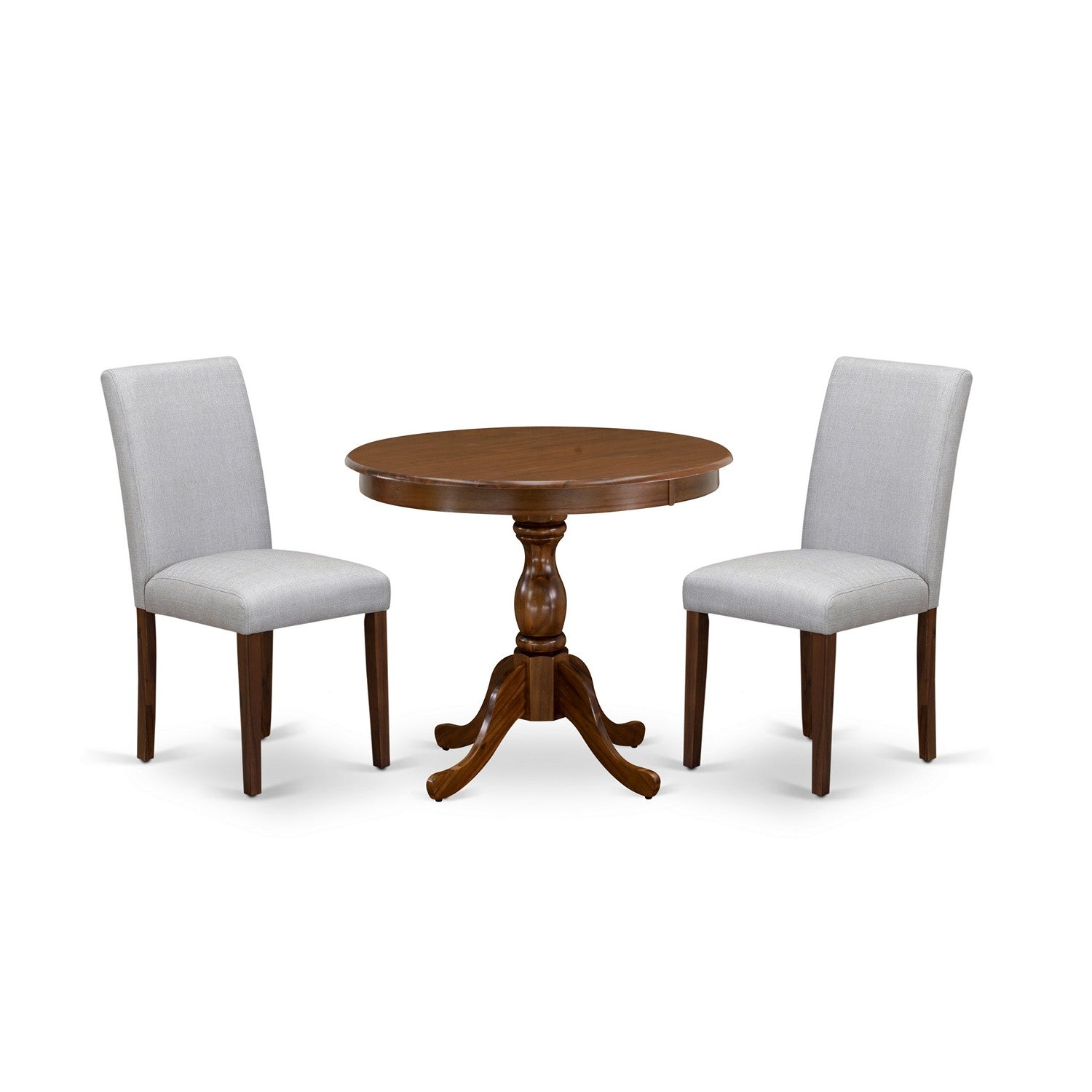 Juego de mesa de cocina de 3 piezas East West Furniture AMAB3-AWA-05 para espacios pequeños. Incluye una mesa de comedor redonda con pedestal y dos sillas Parsons de tela de lino gris.