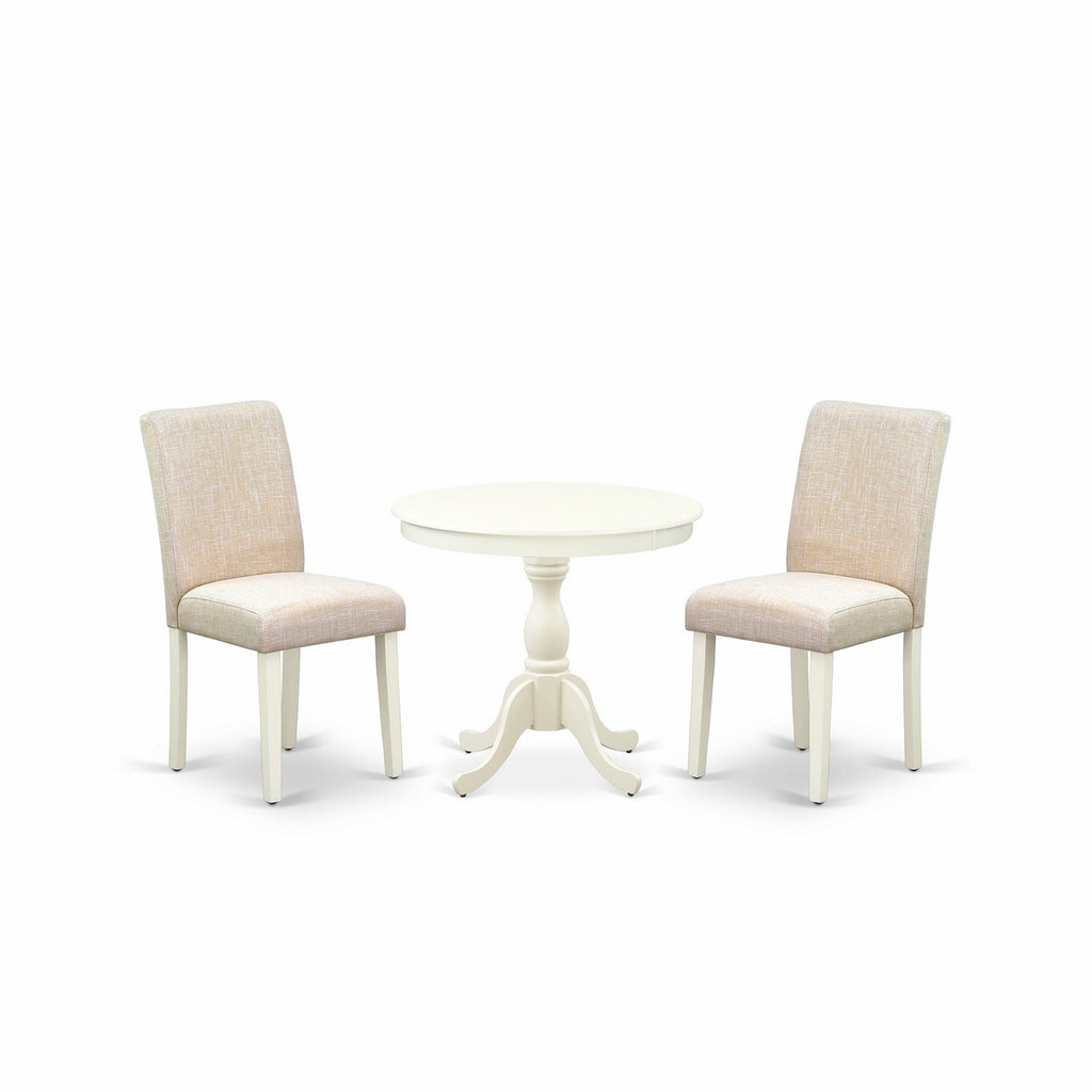 East West Furniture AMAB3-LWH-02 3 Piece Dining Room Furniture Set Contains a Round Dining Table with Pedestal and 2 Light Beige Linen Fabric Upholstered Chairs, 36x36 Inch, Linen White