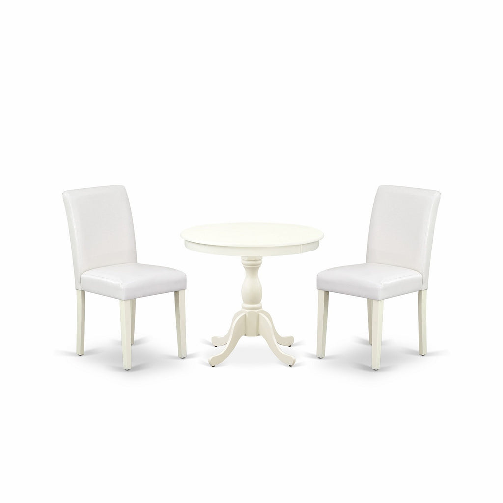 East West Furniture AMAB3-LWH-64 3 Piece Dining Room Furniture Set Contains a Round Kitchen Table with Pedestal and 2 White Faux Leather Parsons Dining Chairs