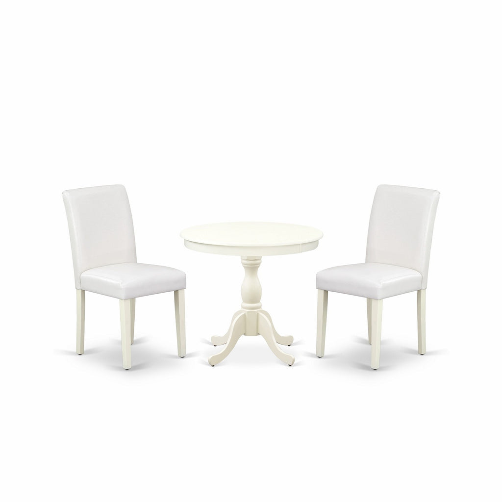 East West Furniture AMAB3-LWH-64 3 Piece Dining Room Furniture Set Contains a Round Kitchen Table with Pedestal and 2 White Faux Leather Parsons Dining Chairs, 36x36 Inch, Linen White