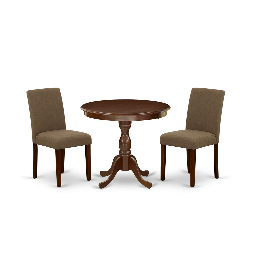 East West Furniture AMAB3-MAH-18 3 Piece Kitchen Table Set for Small Spaces Contains a Round Dining Table with Pedestal and 2 Coffee Linen Fabric Upholstered Chairs, 36x36 Inch, Mahogany