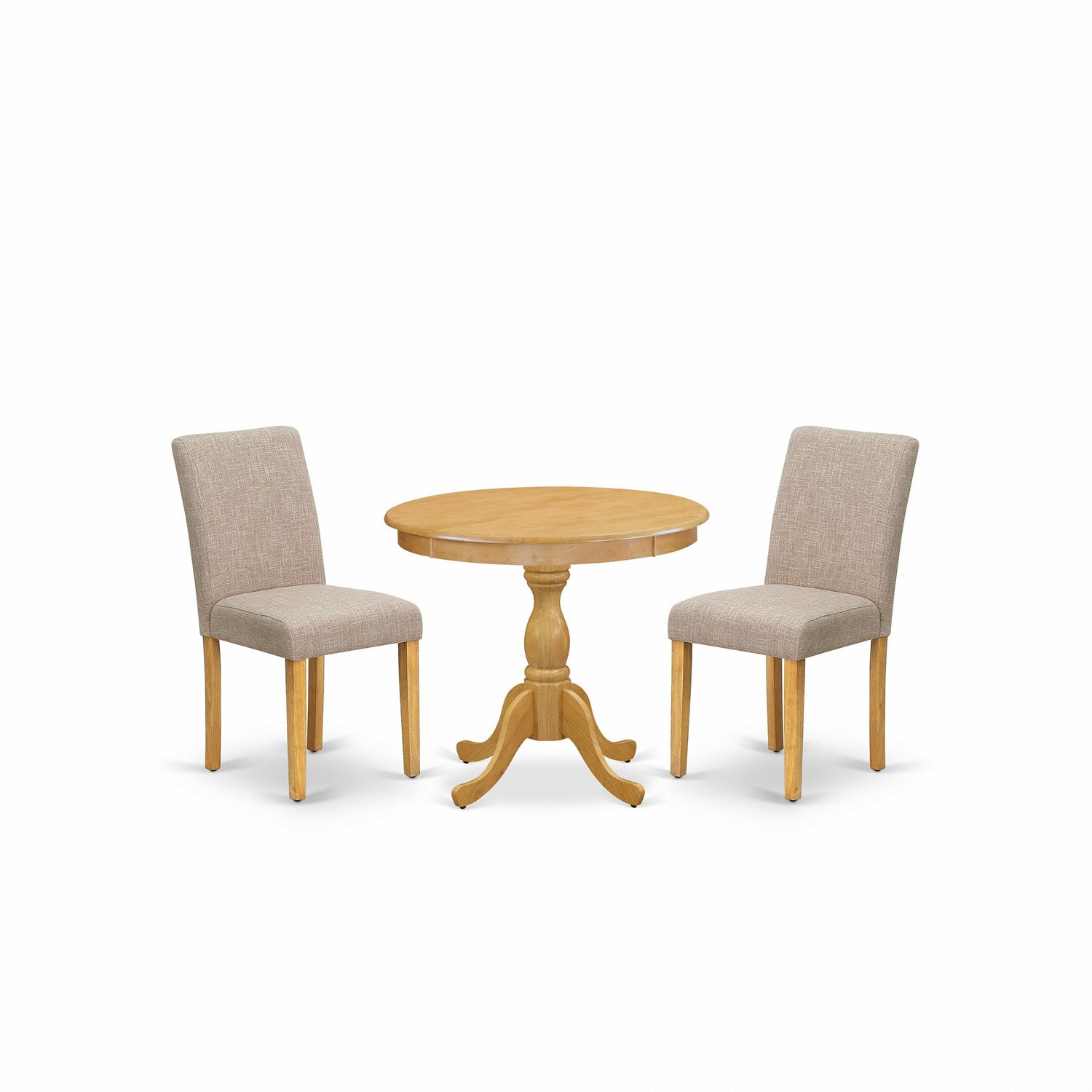 East West Furniture AMAB3-OAK-04 3 Piece Dining Table Set Contains 1 Wooden Dining Table and 2 Light Tan Linen Fabric Padded Chair with High Back - Oak Finish