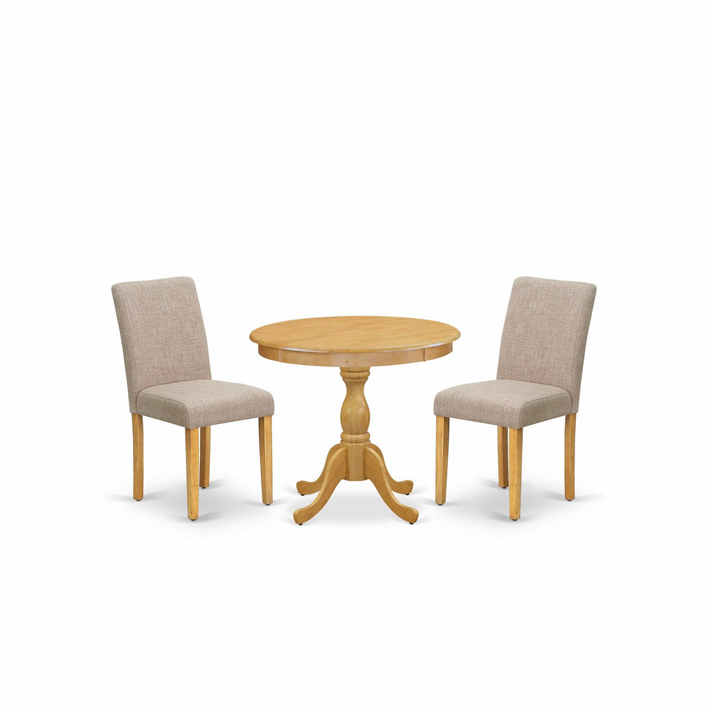 East West Furniture AMAB3-OAK-04 3 Piece Dining Set Contains a Round Kitchen Table with Pedestal and 2 Light Tan Linen Fabric Parson Dining Room Chairs