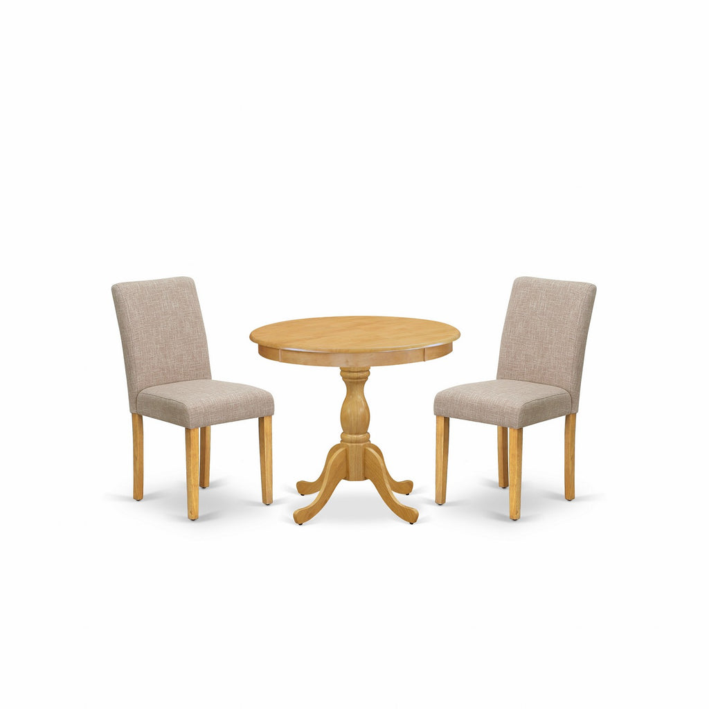 East West Furniture AMAB3-OAK-04 3 Piece Dining Set Contains a Round Kitchen Table with Pedestal and 2 Light Tan Linen Fabric Parson Dining Room Chairs, 36x36 Inch, Oak