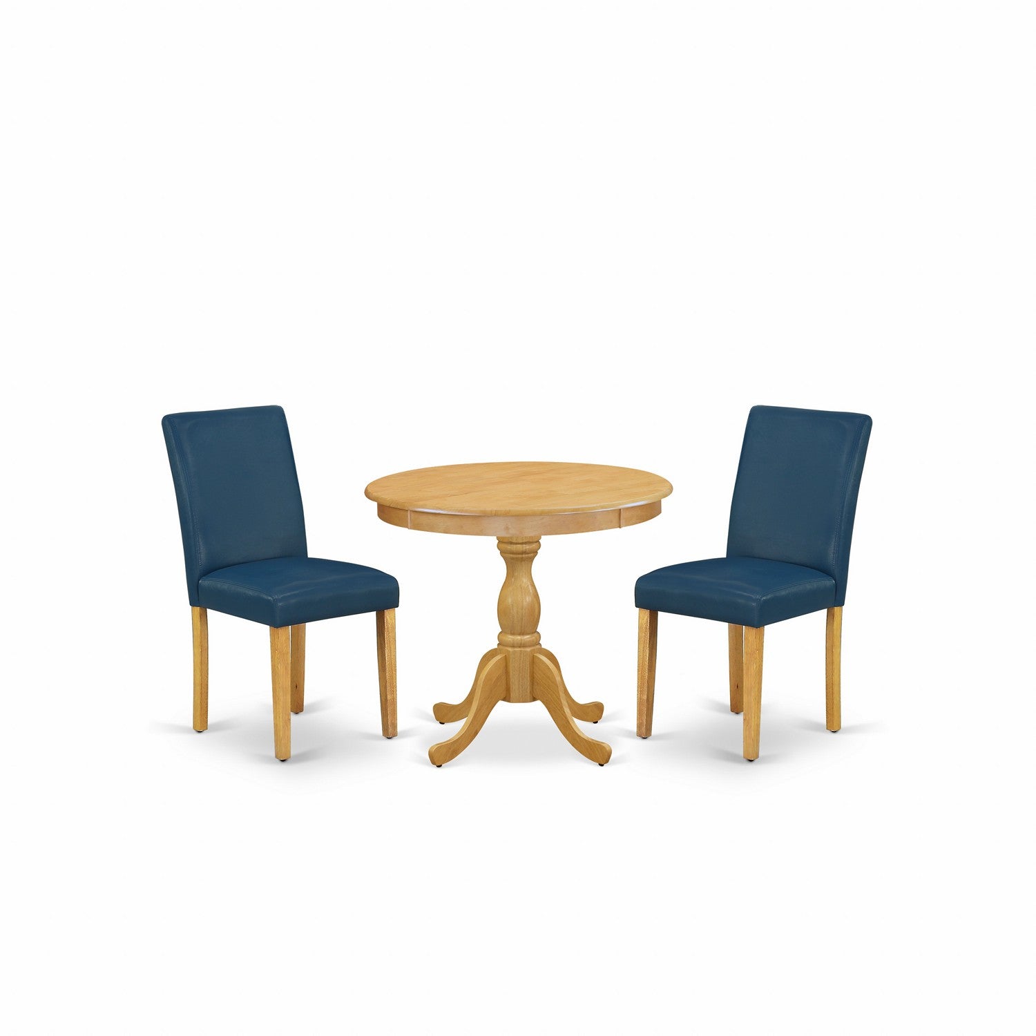 Juego de mesa y sillas de cocina de 3 piezas AMAB3-OAK-55 de East West Furniture. Incluye una mesa de comedor redonda con pedestal y dos sillas Parsons de piel sintética color azul oasis.