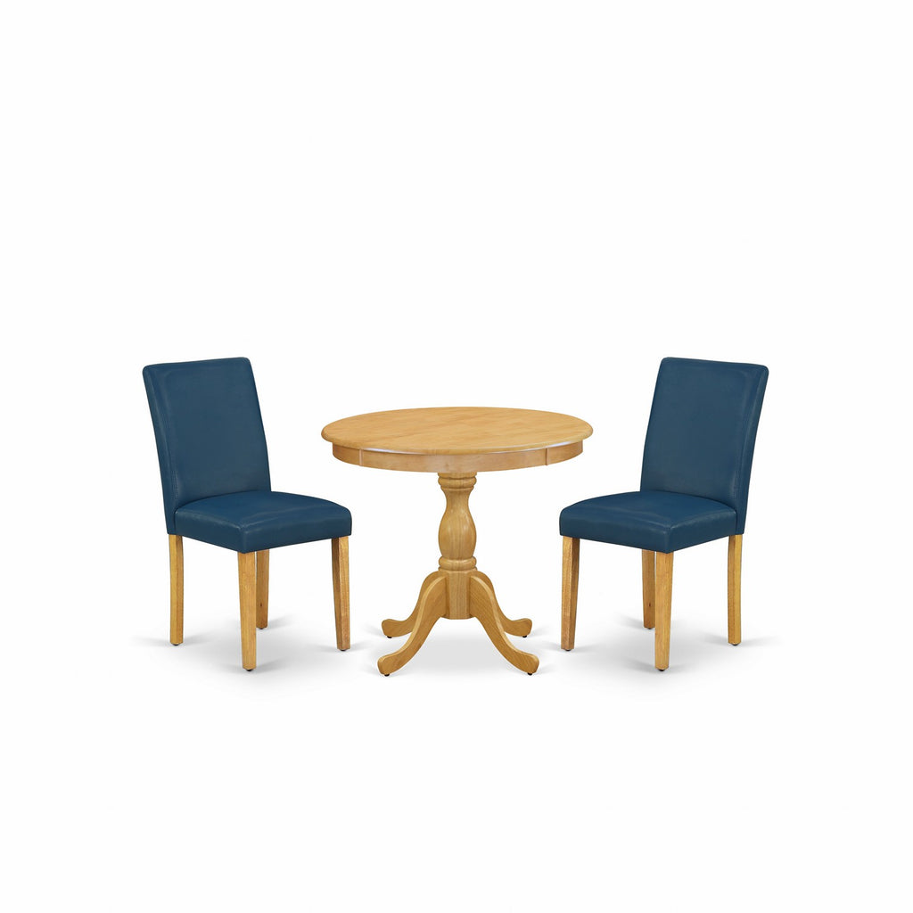 East West Furniture AMAB3-OAK-55 3 Piece Kitchen Table & Chairs Set Contains a Round Dining Room Table with Pedestal and 2 Oasis Blue Faux Leather Parsons Chairs