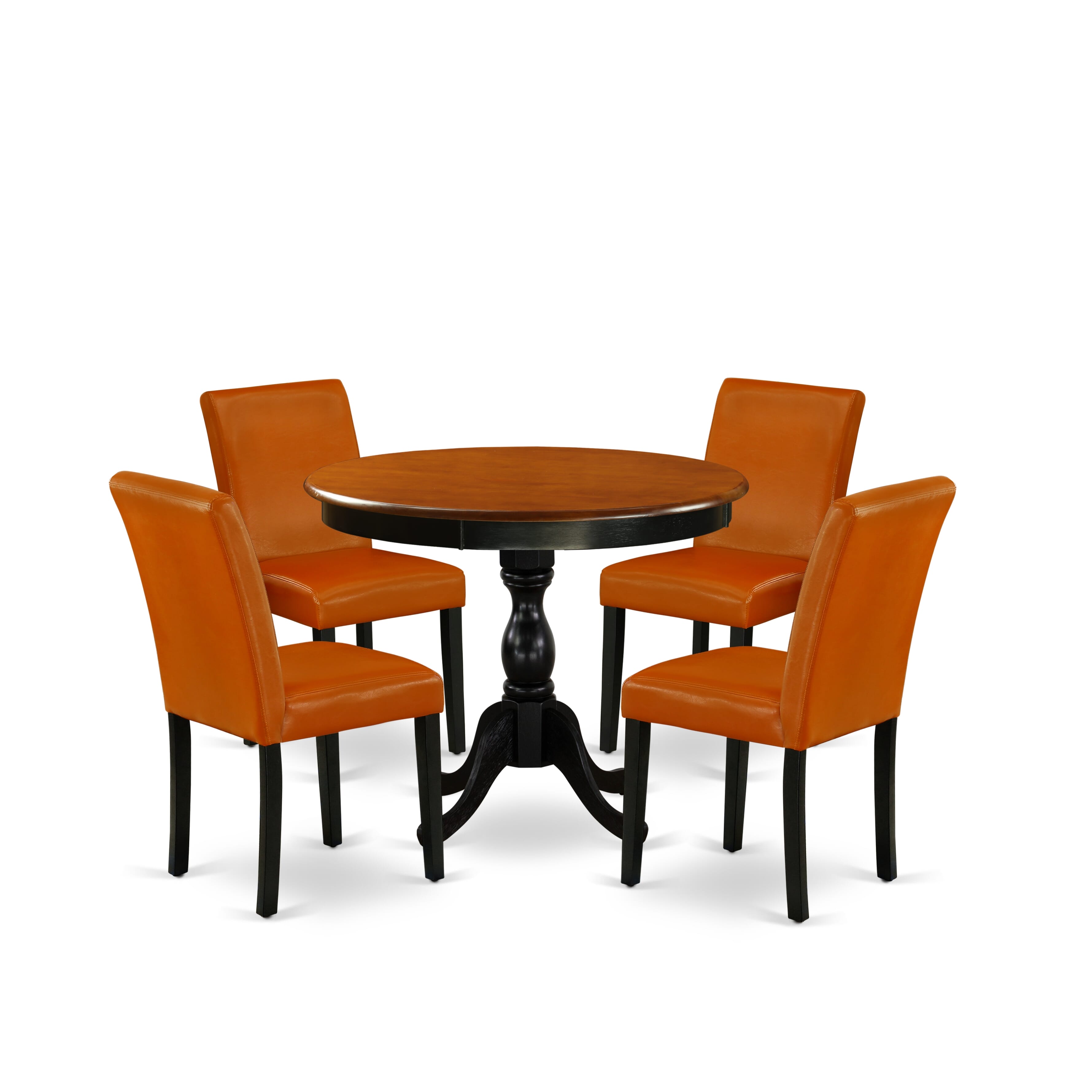 East West Furniture AMAB5-BCH-61 5-Pc Dining Room Set Includes a Round Dinning Table and 4 Baked Bean PU faux Leather Dinner Chairs with High Back - Black Finish