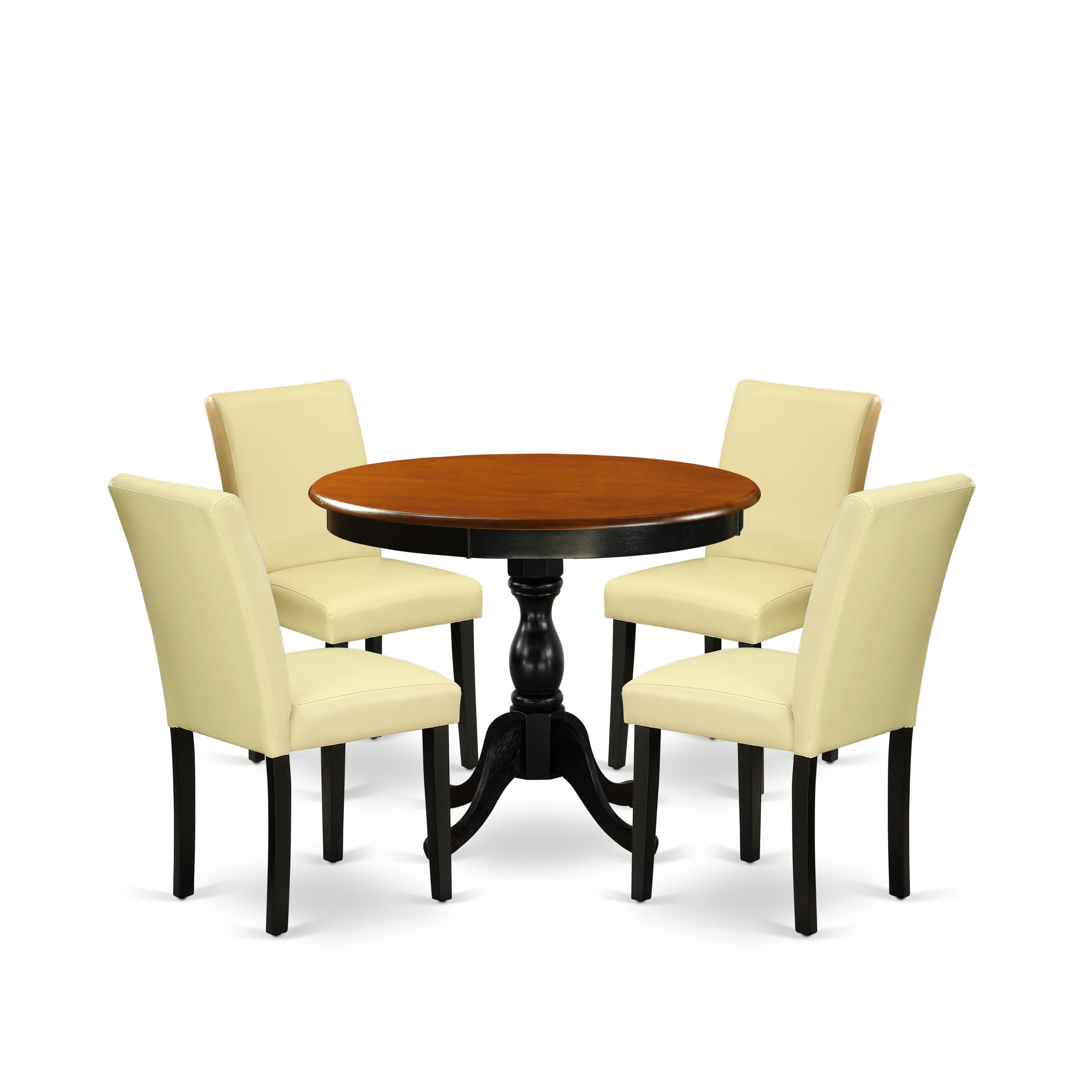 East West Furniture AMAB5-BCH-73 5-Piece Kitchen Table Set Consists of a Round Dinning Room Table and 4 Eggnog PU faux Leather Dining Room Chairs with High Back - Black Finish