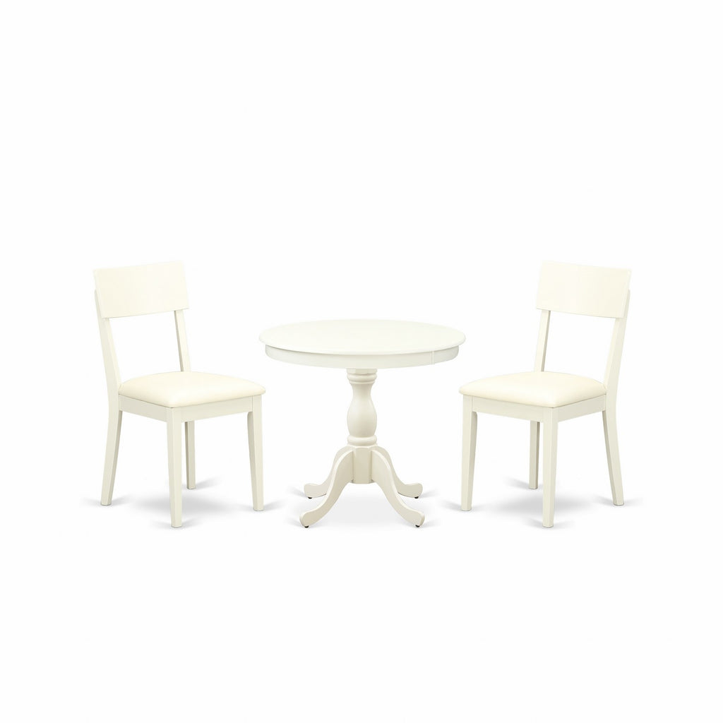 East West Furniture AMAD3-LWH-LC 3 Piece Dining Room Furniture Set Contains a Round Kitchen Table with Pedestal and 2 Faux Leather Upholstered Dining Chairs