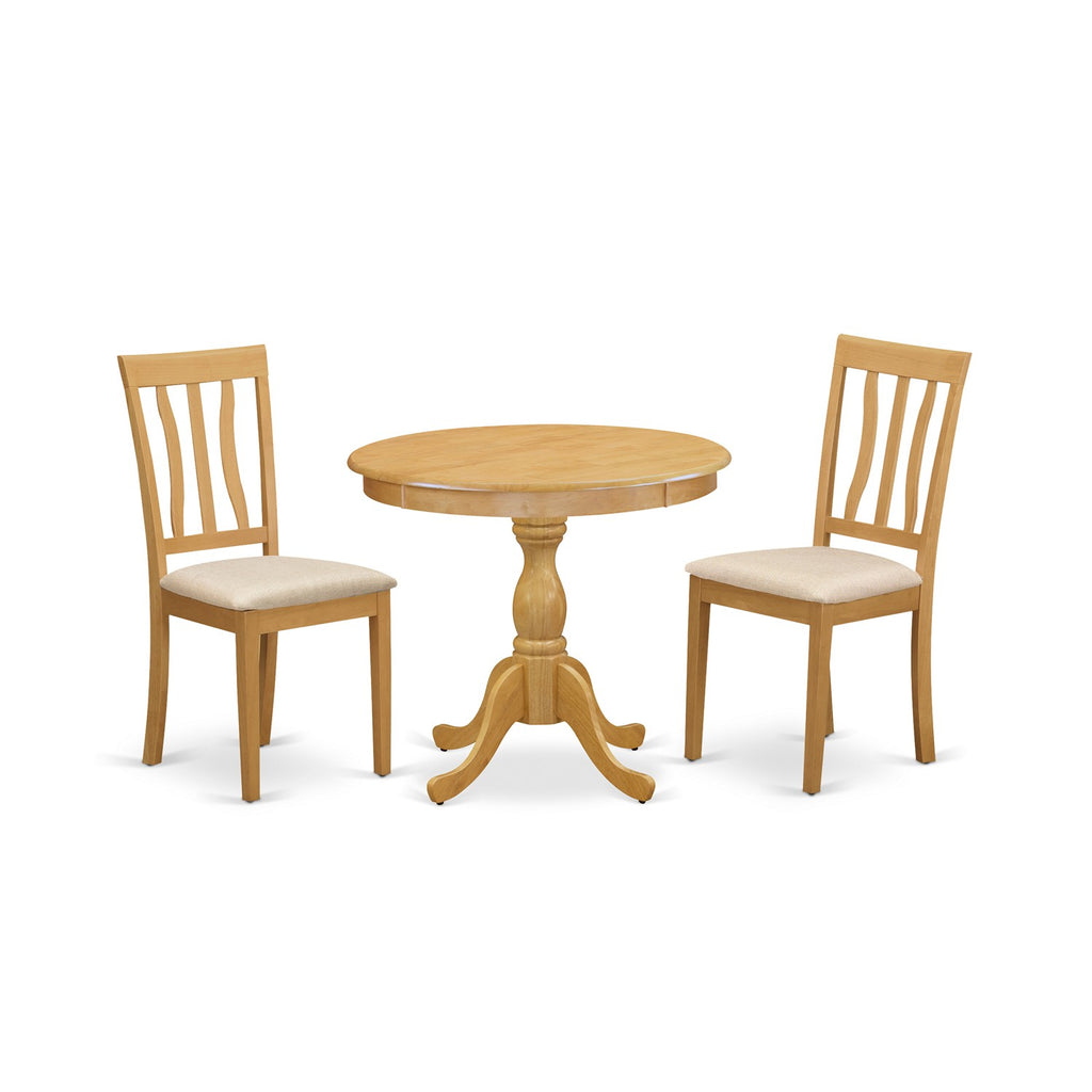 East West Furniture AMAN3-OAK-C 3 Piece Modern Dining Table Set Contains a Round Kitchen Table with Pedestal and 2 Linen Fabric Dining Room Chairs