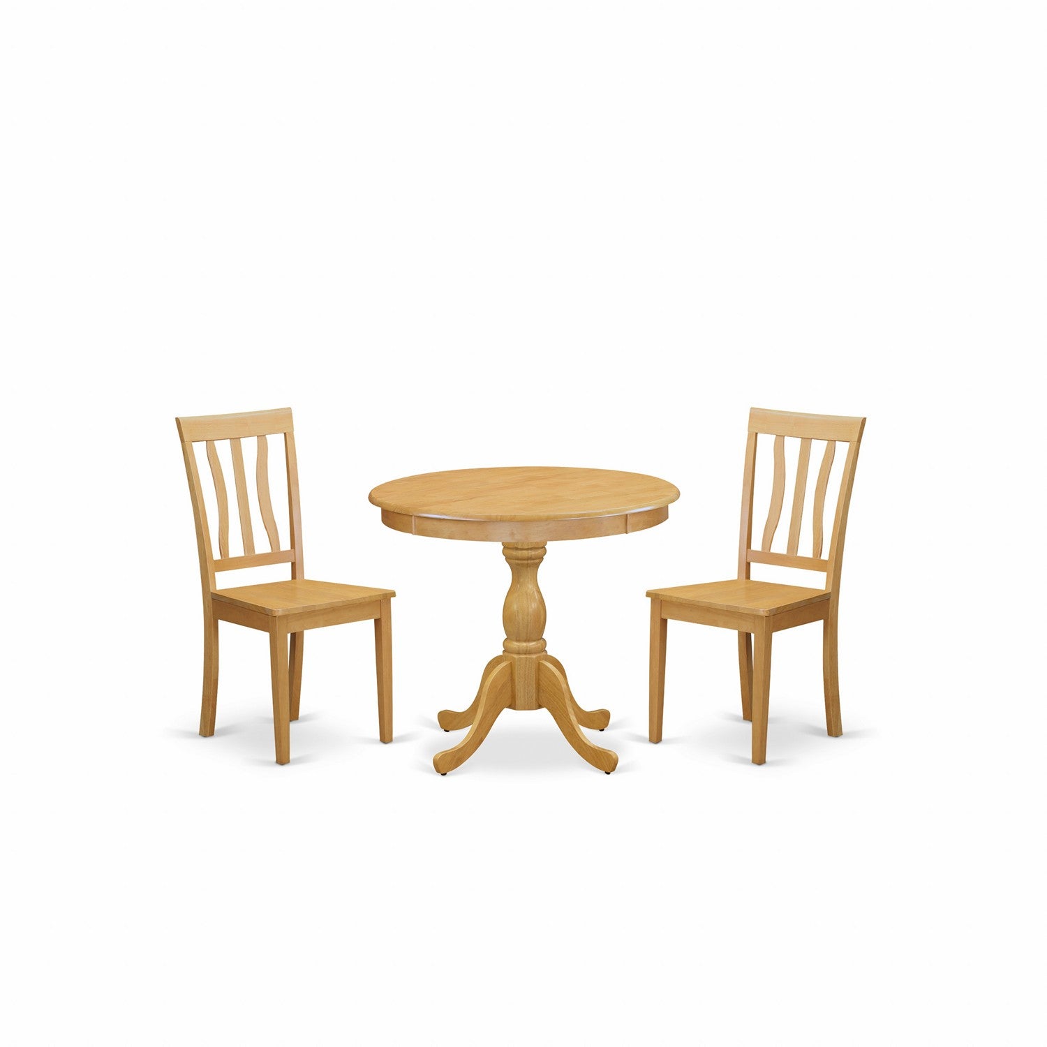 Juego de muebles de comedor de 3 piezas AMAN3-OAK-W de East West Furniture. Contiene una mesa de comedor redonda con pedestal y 2 sillas con asiento de madera.