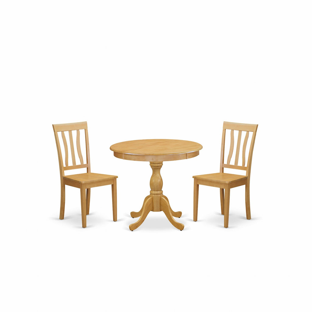 East West Furniture AMAN3-OAK-W 3 Piece Dining Room Furniture Set Contains a Round Dining Table with Pedestal and 2 Wood Seat Chairs