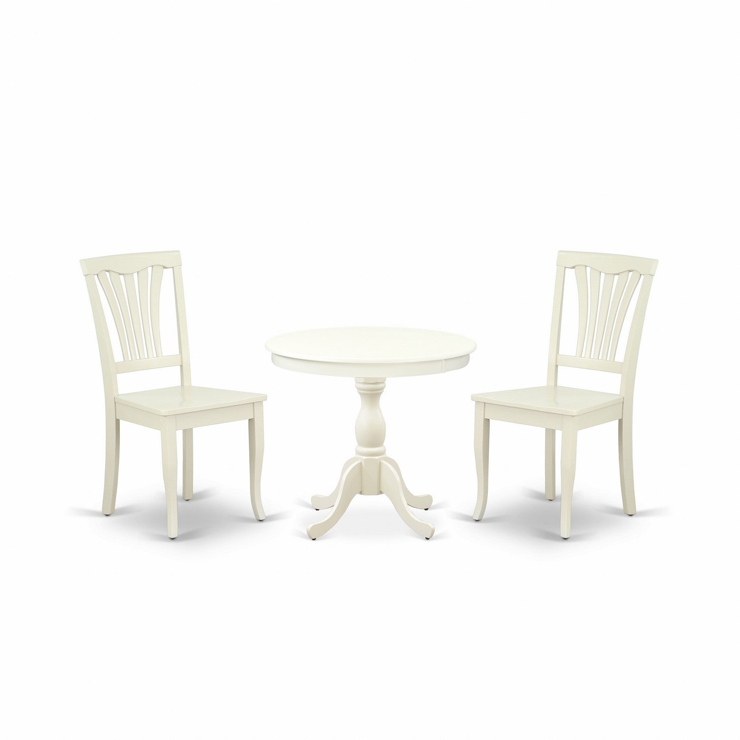 East West Furniture AMAV3-LWH-W 3 Piece Dining Table Set Includes 1 Round Pedestal Dining Table and 2 linen white Dinning Room Chairs with Slatted Back - linen white Finish