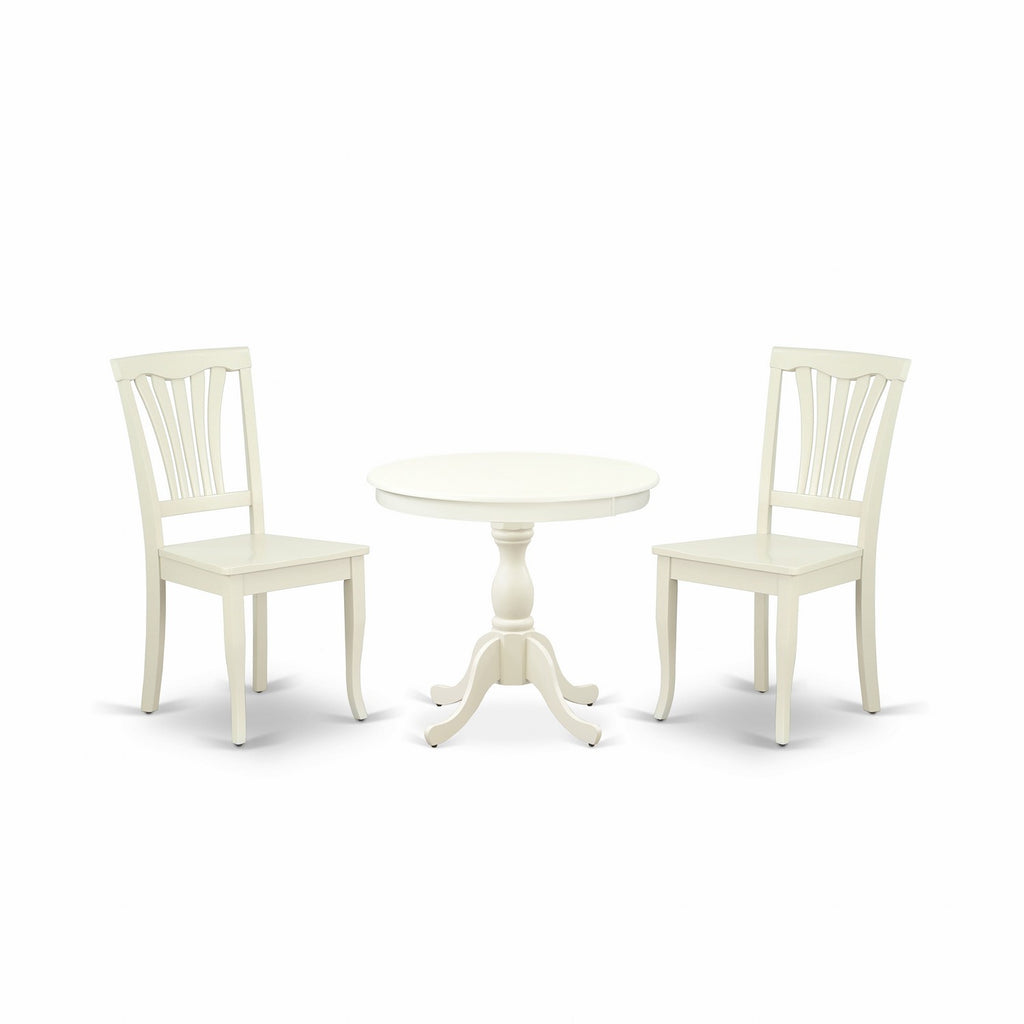 East West Furniture AMAV3-LWH-W 3 Piece Modern Dining Table Set Contains a Round Kitchen Table with Pedestal and 2 Kitchen Dining Chairs