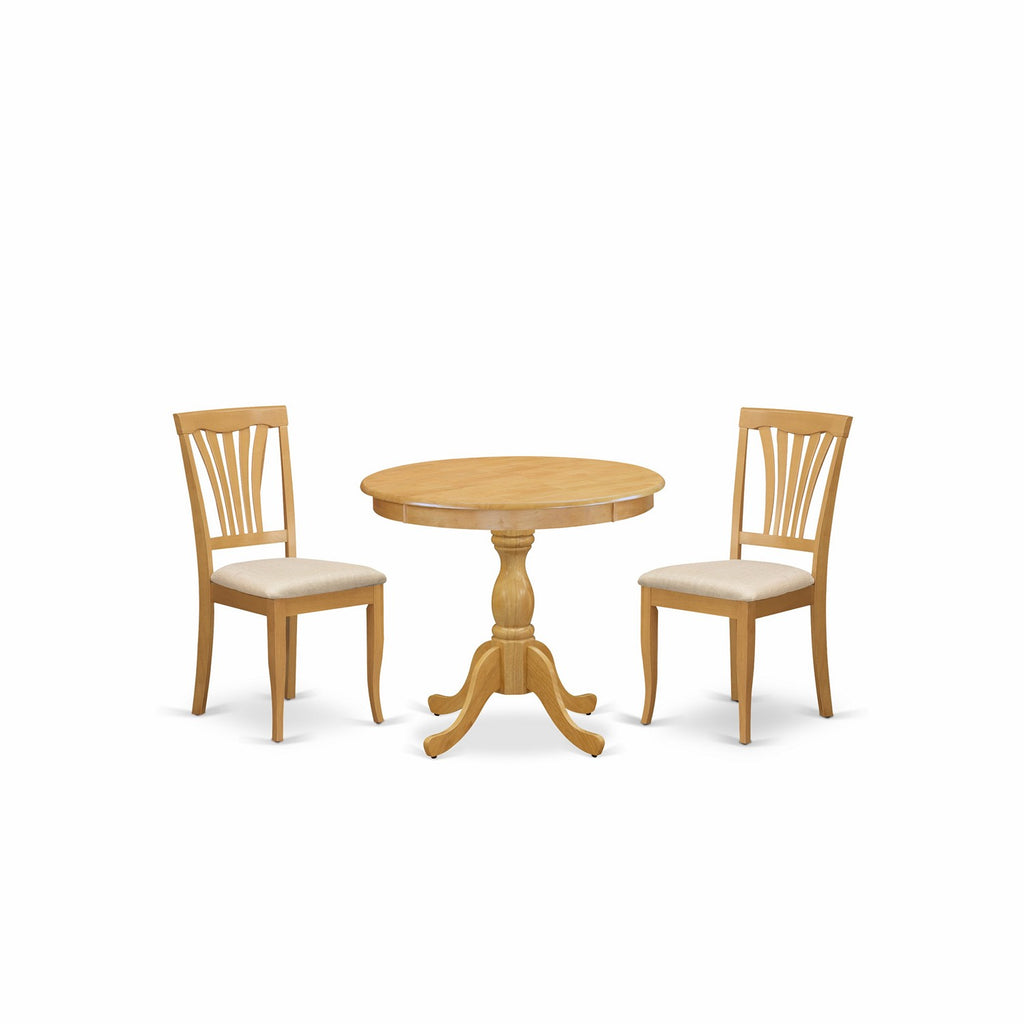 East West Furniture AMAV3-OAK-C 3 Piece Dining Room Furniture Set Contains a Round Dining Table with Pedestal and 2 Linen Fabric Upholstered Chairs