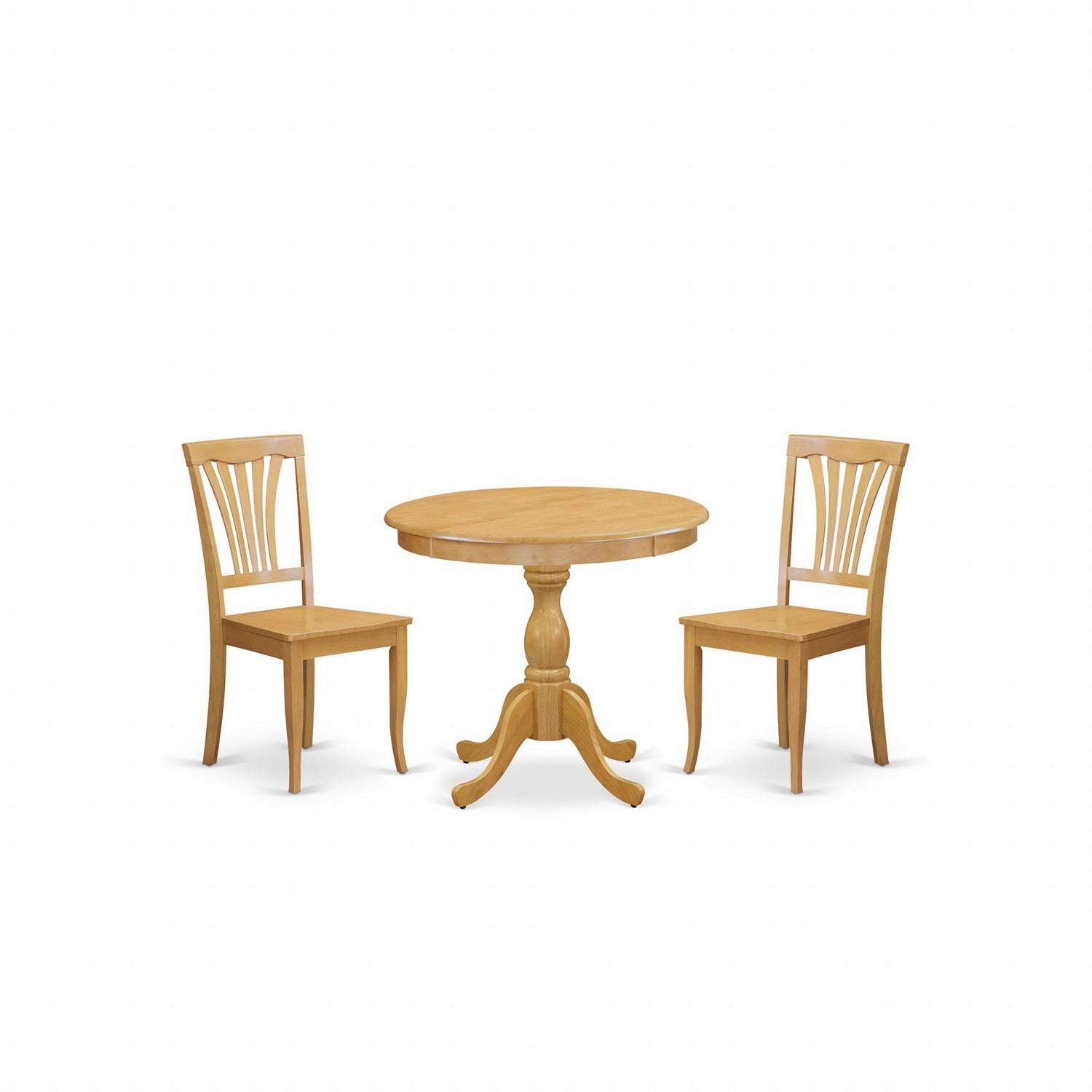 East West Furniture AMAV3-OAK-W 3 Piece Dining Room Table Set Contains 1 Pedestal Dining Room Table and 2 Oak Mid Century Dining Chairs with Slatted Back - Oak Finish