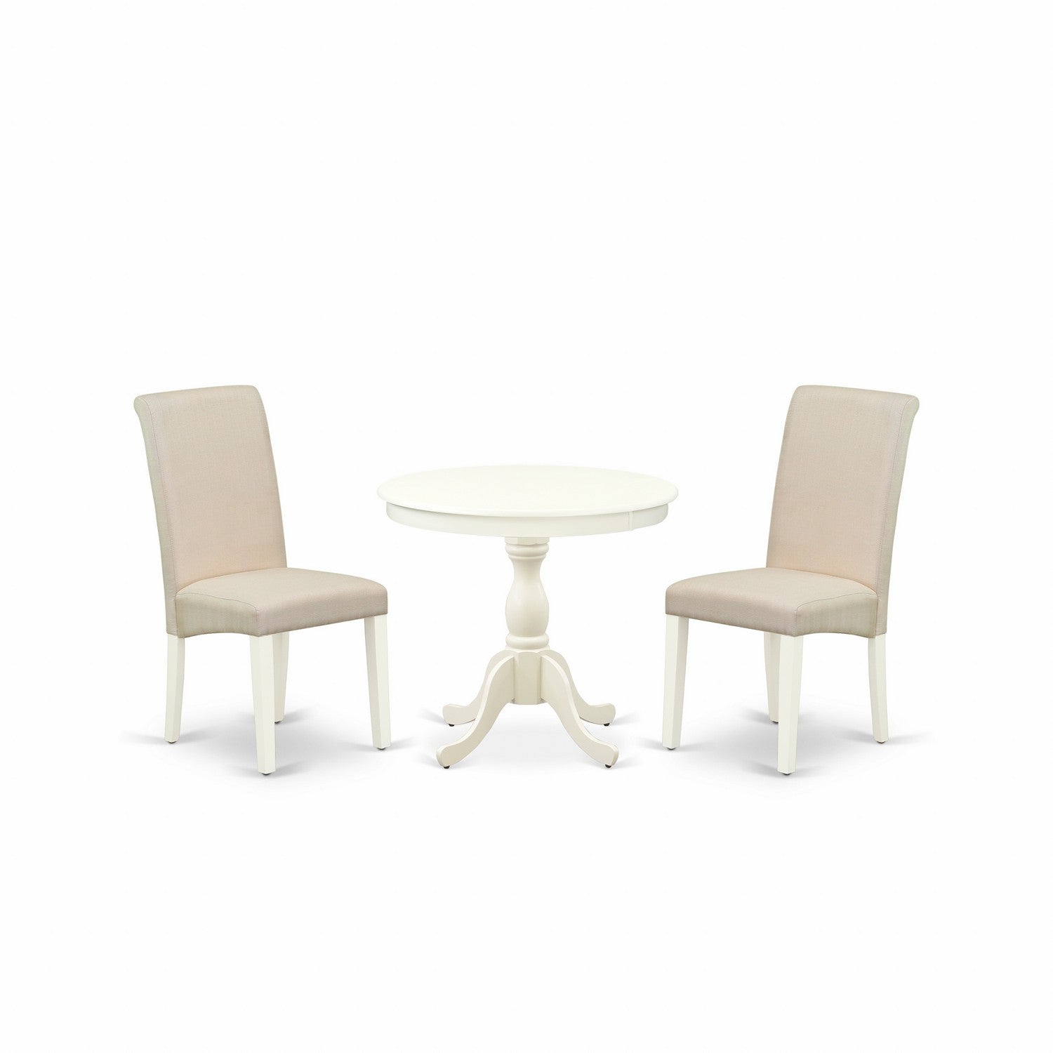 East West Furniture AMBA3-LWH-01 3 Piece Dining Room Set Includes 1 Pedestal Table and 2 Cream Linen Fabric Kitchen Chairs with High Back - linen white Finish