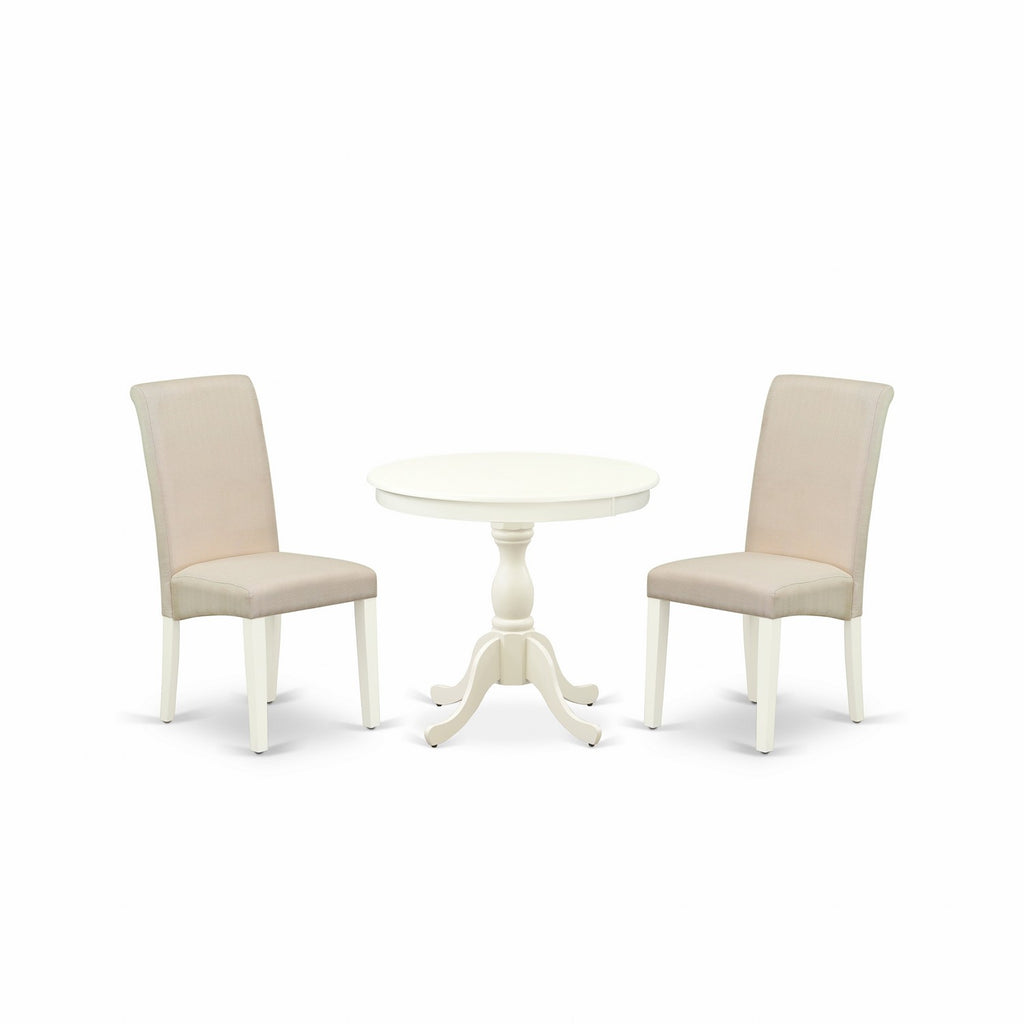East West Furniture AMBA3-LWH-01 3 Piece Modern Dining Table Set Contains a Round Kitchen Table with Pedestal and 2 Cream Linen Fabric Upholstered Parson Chairs