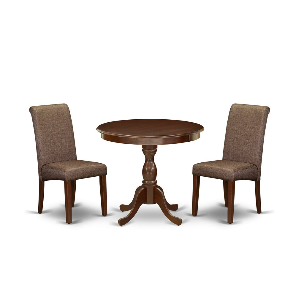 East West Furniture AMBA3-MAH-18 3 Piece Modern Dining Table Set Contains a Round Kitchen Table with Pedestal and 2 Brown Linen Linen Fabric Parson Dining Chairs