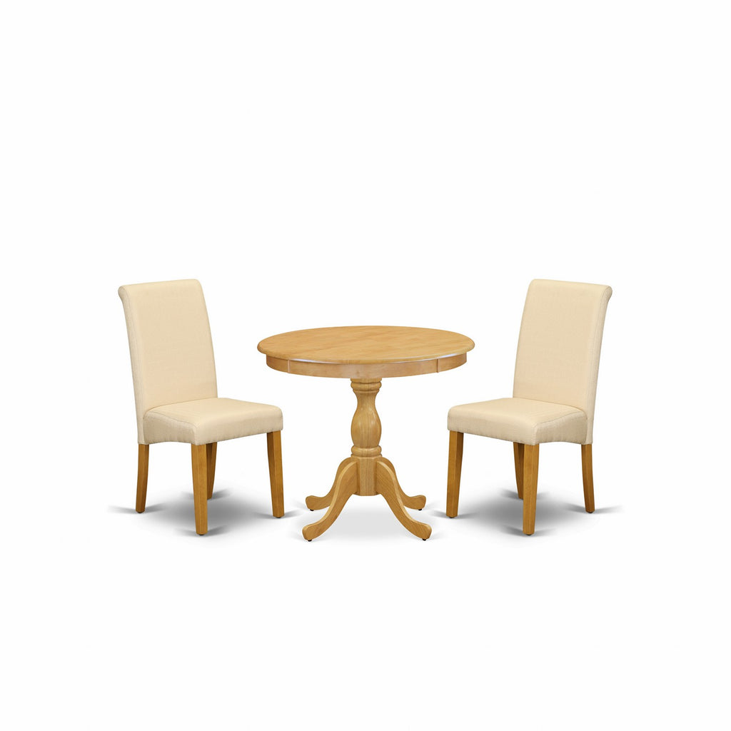East West Furniture AMBA3-OAK-02 3 Piece Dining Room Table Set  Contains a Round Kitchen Table with Pedestal and 2 Light Beige Linen Fabric Parson Dining Chairs