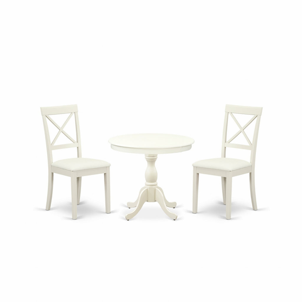 East West Furniture AMBO3-LWH-C 3 Piece Modern Dining Table Set Contains a Round Kitchen Table with Pedestal and 2 Linen Fabric Upholstered Dining Chairs
