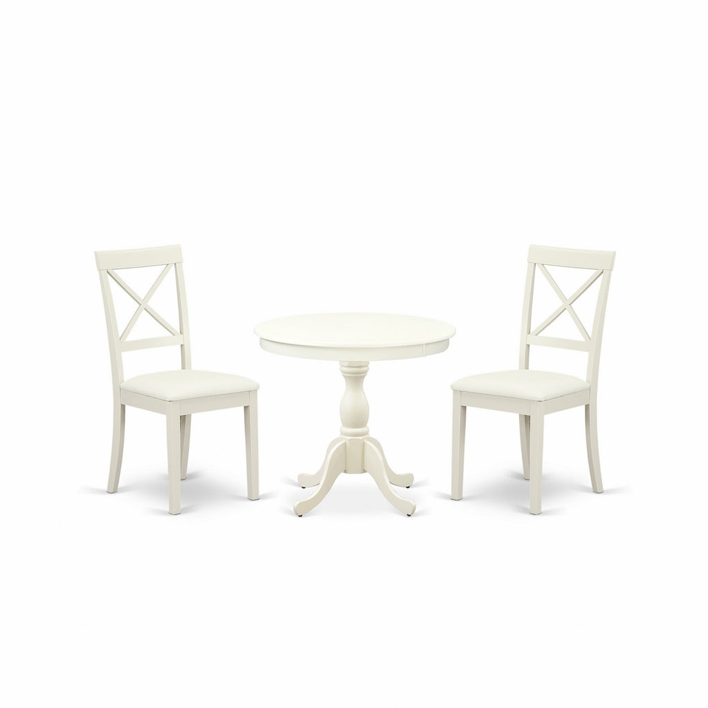 East West Furniture AMBO3-LWH-C 3 Piece Modern Dining Table Set Contains a Round Kitchen Table with Pedestal and 2 Linen Fabric Upholstered Dining Chairs, 36x36 Inch, Linen White