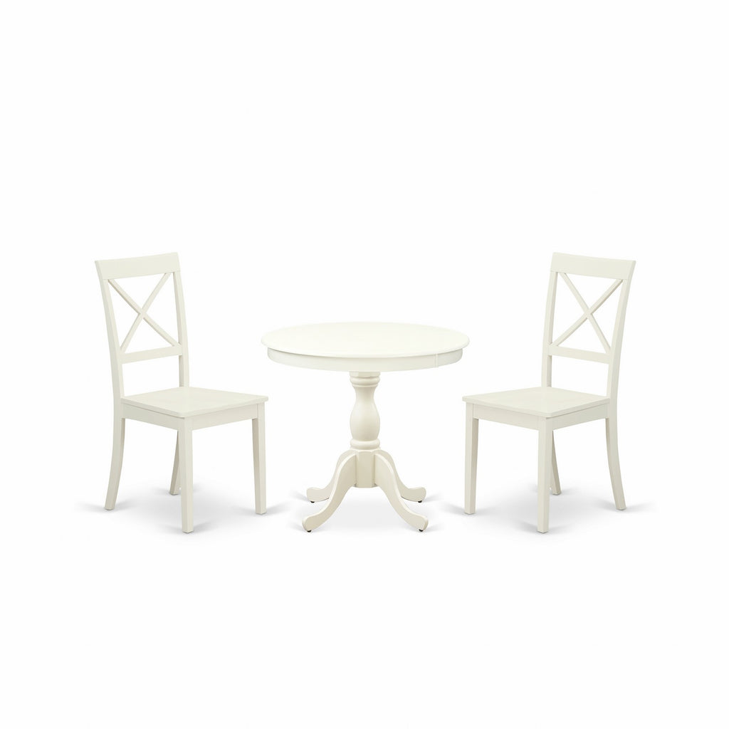 East West Furniture AMBO3-LWH-W 3 Piece Kitchen Table & Chairs Set Contains a Round Dining Room Table with Pedestal and 2 Solid Wood Seat Chairs