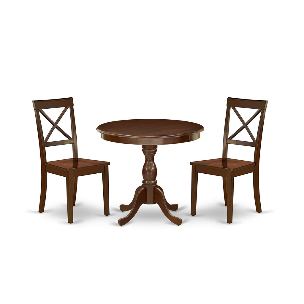 East West Furniture AMBO3-MAH-W 3 Piece Dinette Set for Small Spaces Contains a Round Kitchen Table with Pedestal and 2 Dining Room Chairs