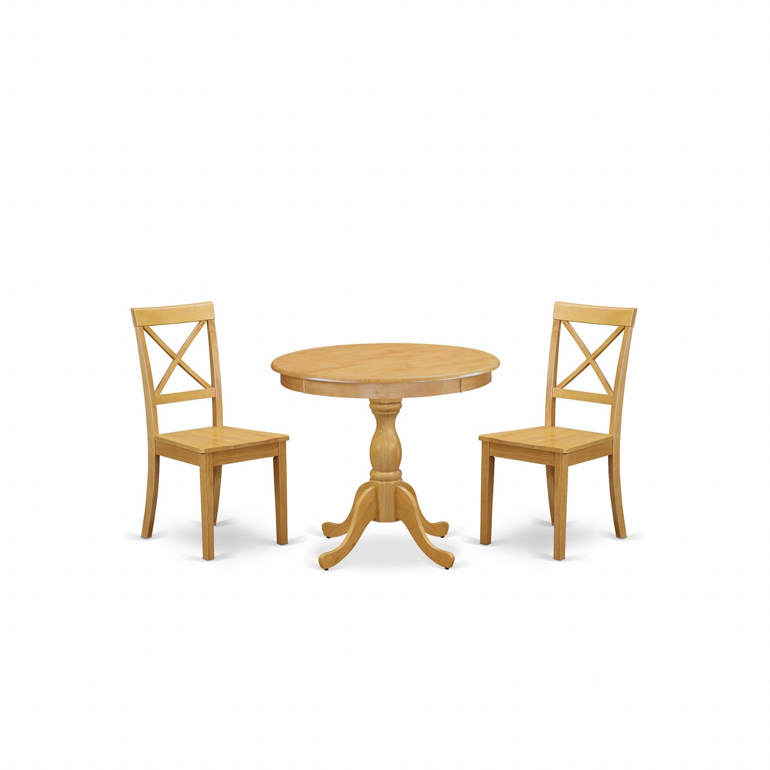 Juego de mesa y sillas de cocina de 3 piezas AMBO3-OAK-W de East West Furniture. Incluye una mesa de comedor redonda con pedestal y 2 sillas de comedor.