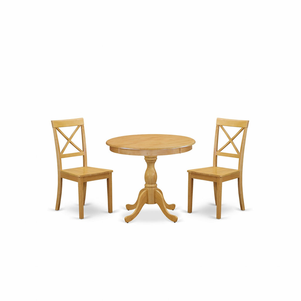 East West Furniture AMBO3-OAK-W 3 Piece Kitchen Table & Chairs Set Contains a Round Dining Room Table with Pedestal and 2 Dining Chairs