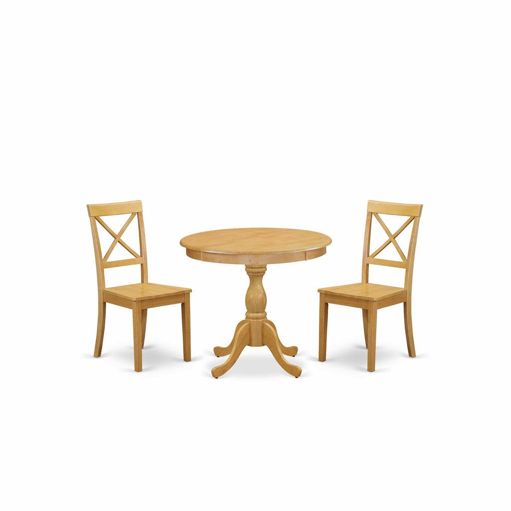 East West Furniture AMBO3-OAK-W 3 Piece Kitchen Table & Chairs Set Contains a Round Dining Room Table with Pedestal and 2 Dining Chairs, 36x36 Inch, Oak