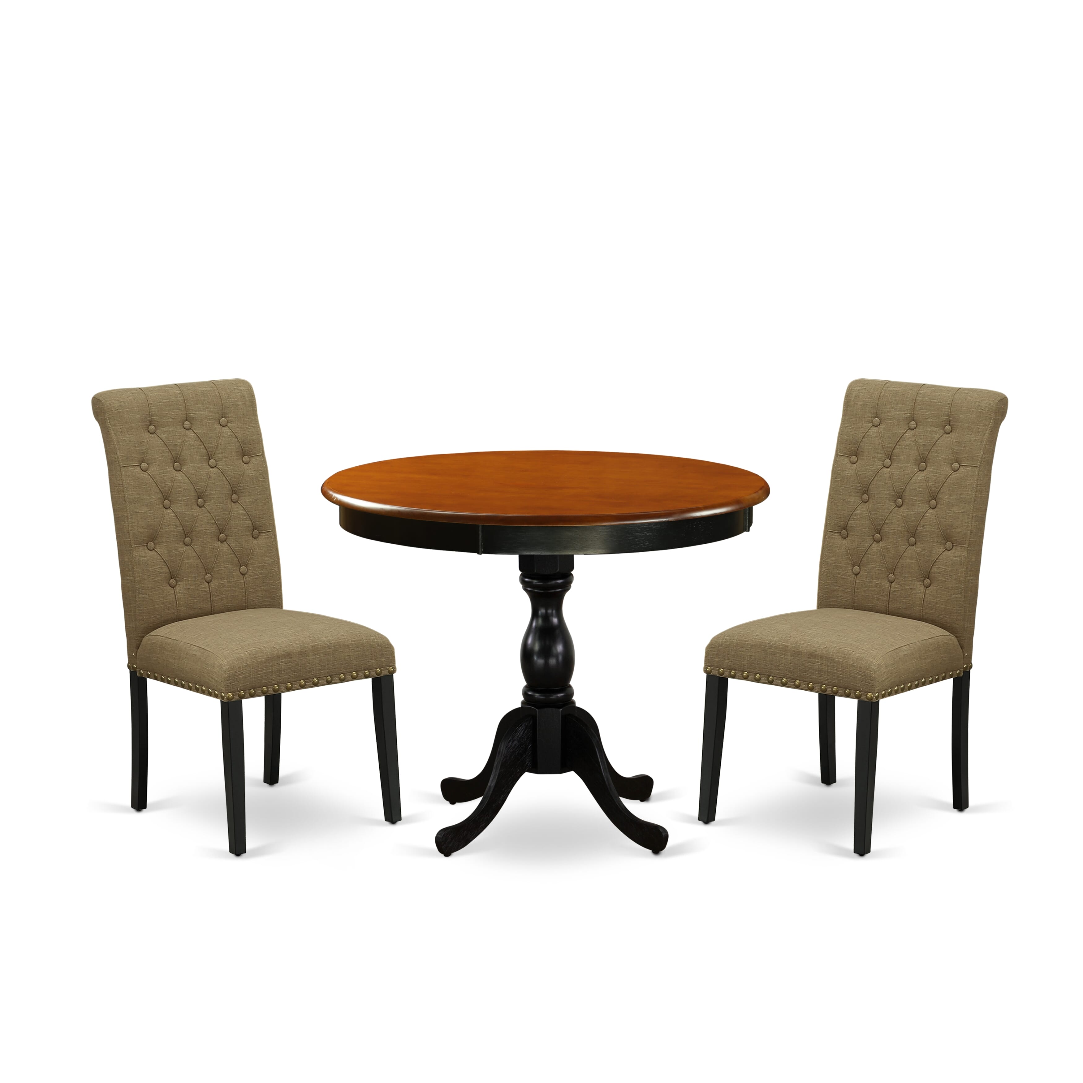 East West Furniture AMBR3-BCH-17 3-Pc Modern Dining Set Includes a Wooden Dinner Table and 2 Light Sable Linen Fabric Upholstered Dining Chairs with Button Tufted Back - Black Finish