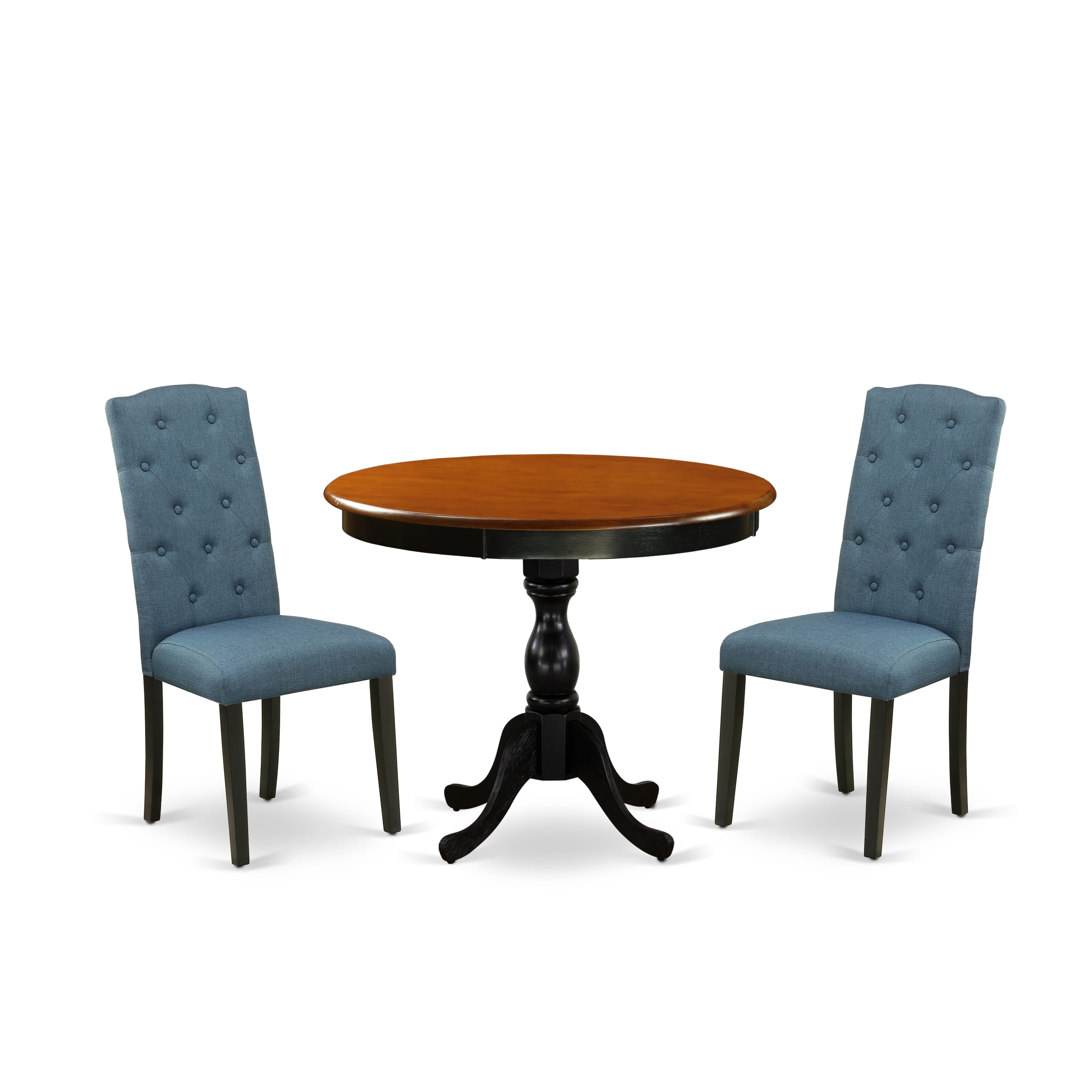 East West Furniture AMCE3-BCH-21 3-Pc Dining Room Set Consists of a Dinette Table and 2 Blue Linen Fabric Mid Century Dining Chairs with Button Tufted Back - Black Finish
