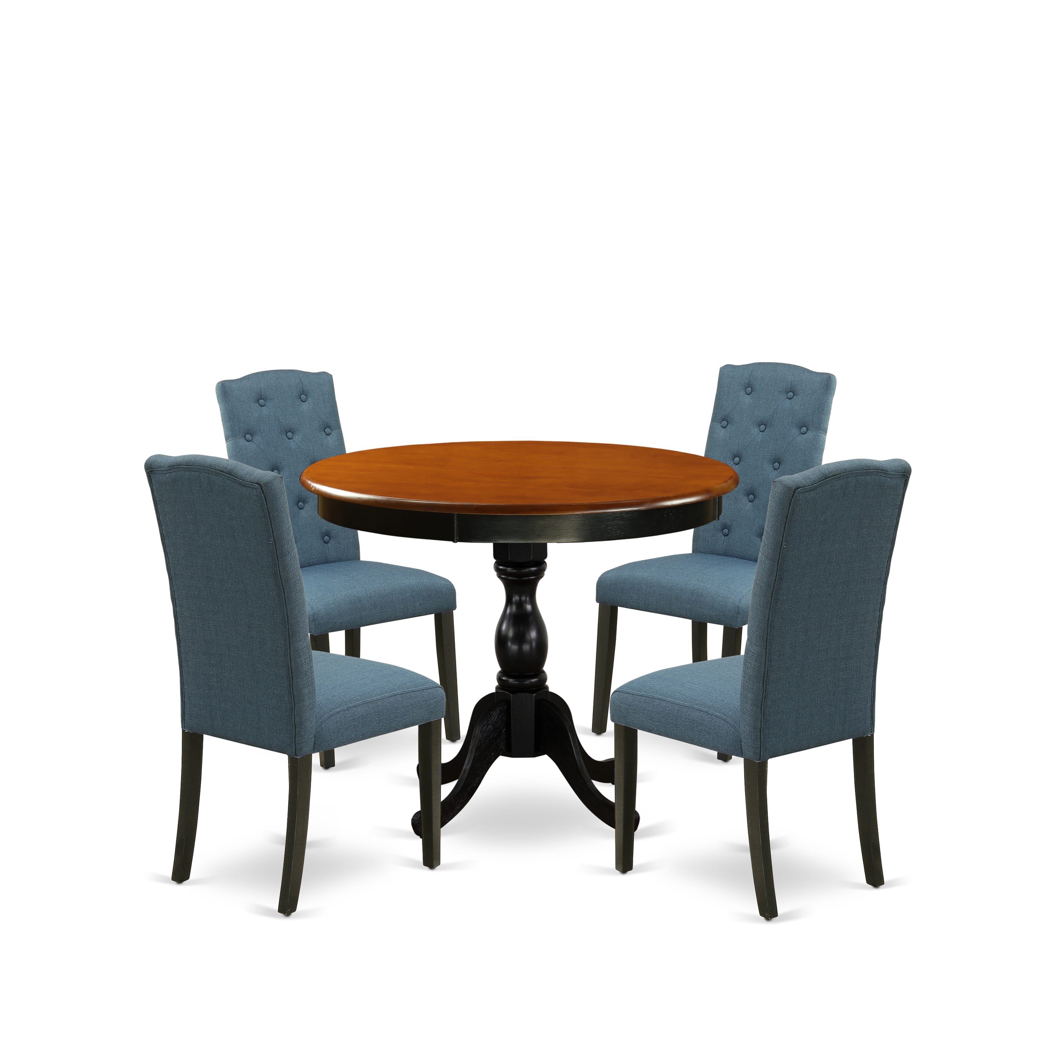 East West Furniture AMCE5-BCH-21 5-Piece Wooden Dining Set Consists of a Wood Kitchen Table and 4 Blue Linen Fabric Parson Chairs with Button Tufted Back - Black Finish