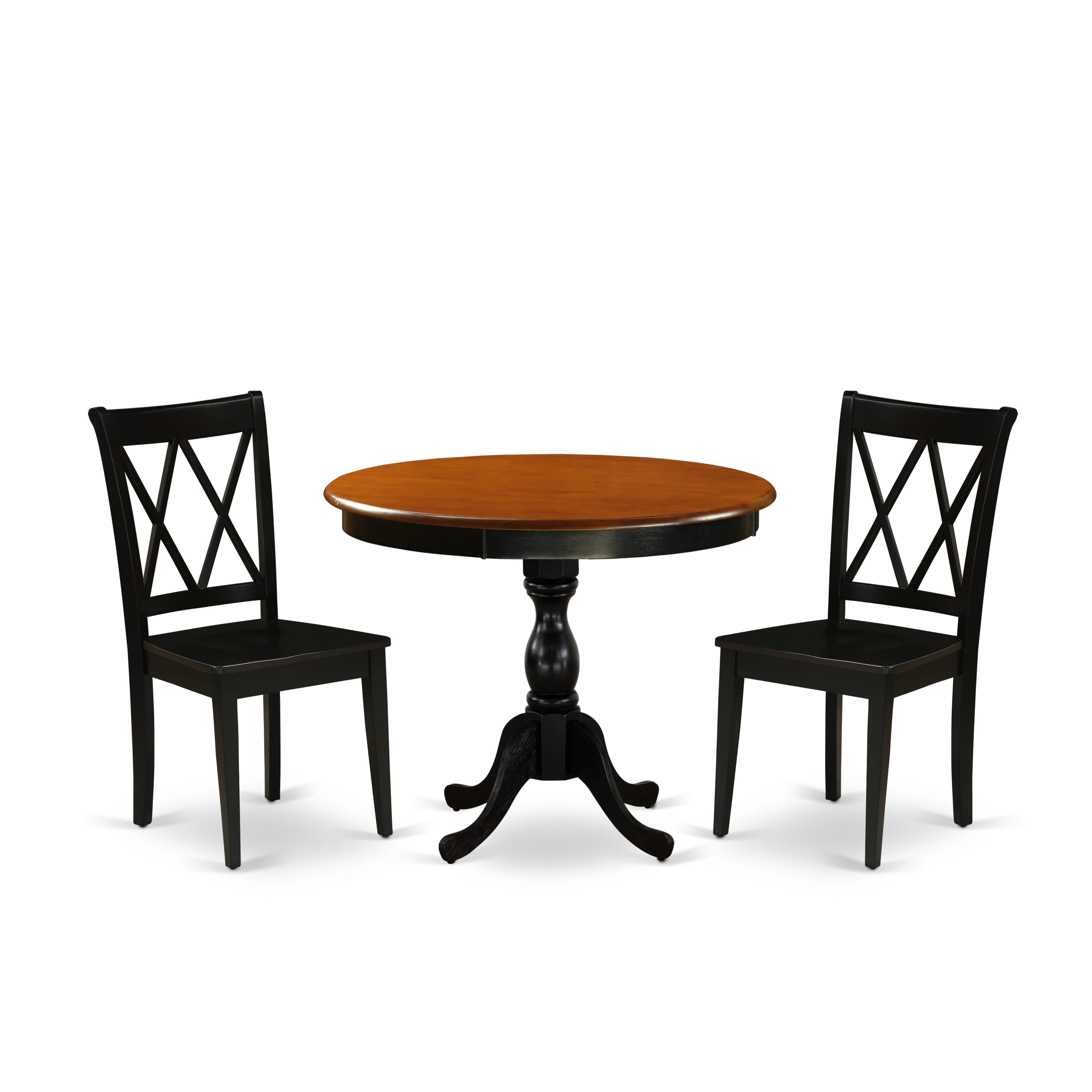East West Furniture AMCL3-BCH-W 3-Piece Dinning Room Set Contains a Wooden Table and 2 Wooden Dining Chairs with Double-X Back - Black Finish