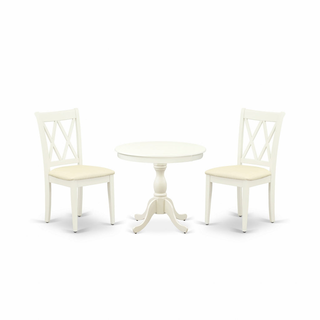 East West Furniture AMCL3-LWH-C 3 Piece Kitchen Table & Chairs Set Contains a Round Dining Room Table with Pedestal and 2 Linen Fabric Dining Room Chairs