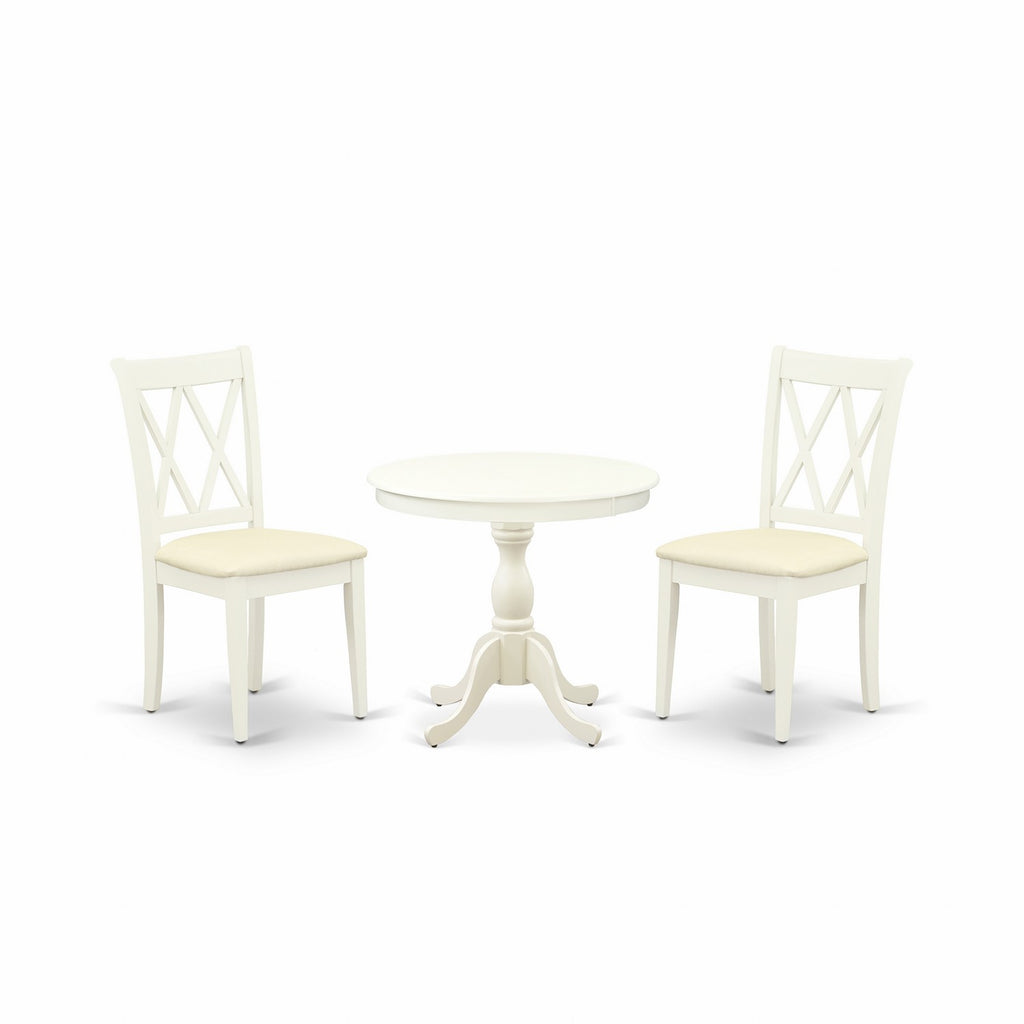 East West Furniture AMCL3-LWH-C 3 Piece Kitchen Table & Chairs Set Contains a Round Dining Room Table with Pedestal and 2 Linen Fabric Dining Room Chairs, 36x36 Inch, Linen White
