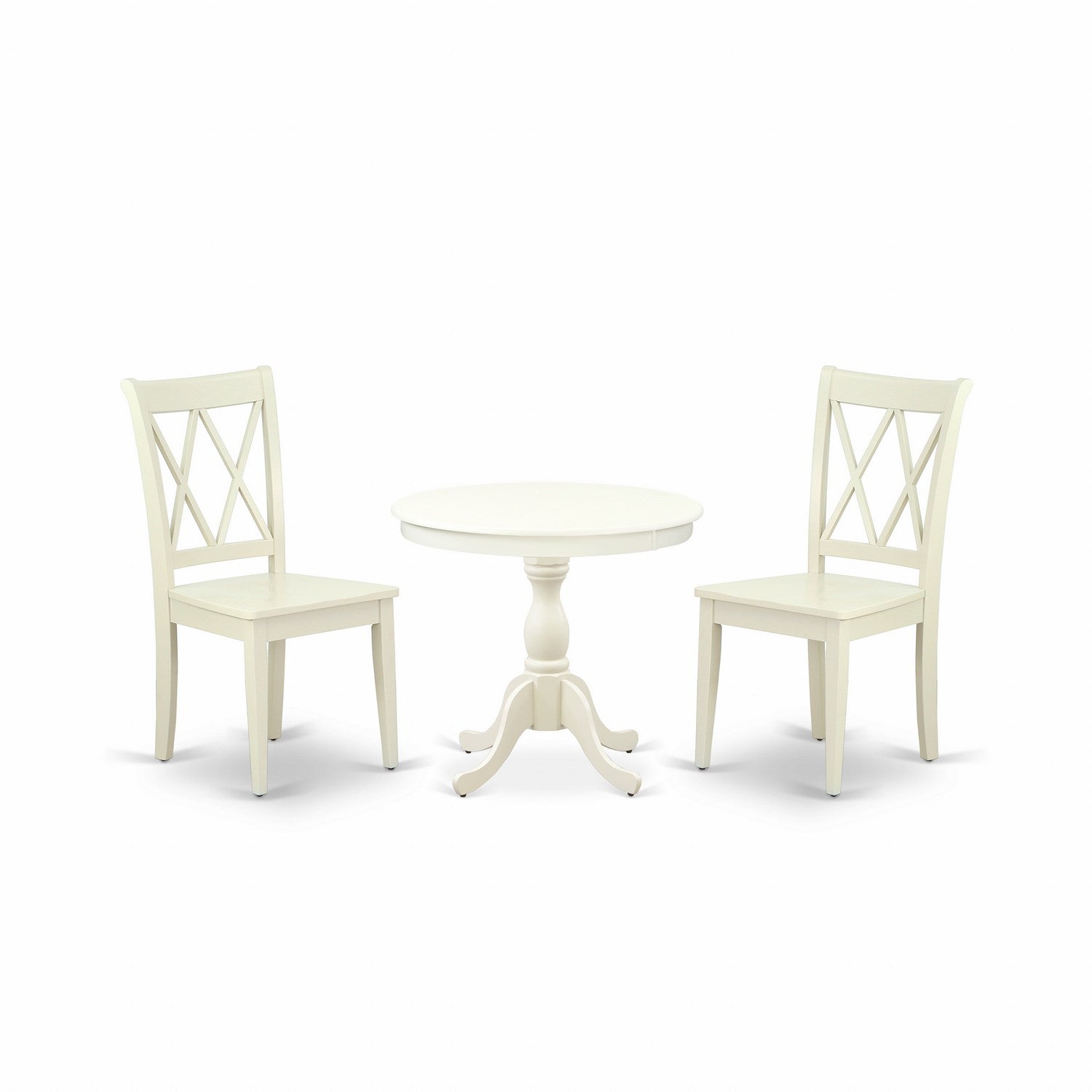 East West Furniture AMCL3-LWH-W 3 Piece Dining Room Set Contains 1 Pedestal Table and 2 linen white Wooden Chairs with Double X-Back - linen white Finish