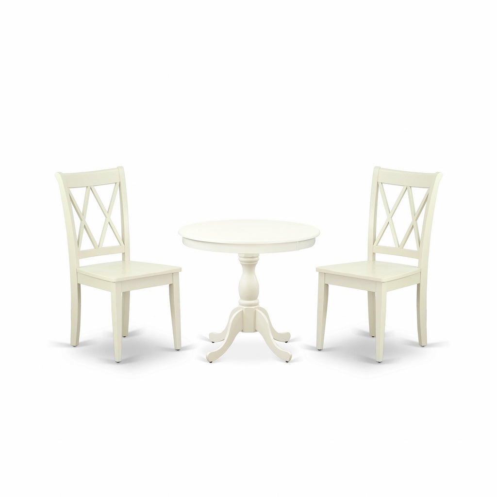 Juego de mesa de comedor de 3 piezas East West Furniture AMCL3-LWH-W. Incluye una mesa de cocina redonda con pedestal y 2 sillas de comedor.