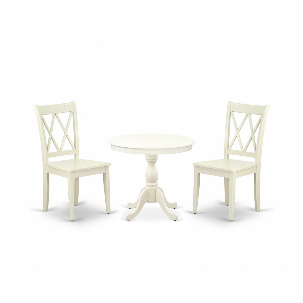 East West Furniture AMCL3-LWH-W 3 Piece Dining Room Table Set  Contains a Round Kitchen Table with Pedestal and 2 Dining Chairs, 36x36 Inch, Linen White