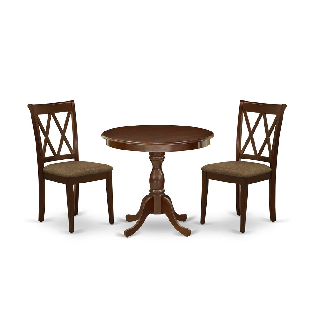 East West Furniture AMCL3-MAH-C 3 Piece Dining Room Furniture Set Contains a Round Dining Table with Pedestal and 2 Linen Fabric Upholstered Chairs